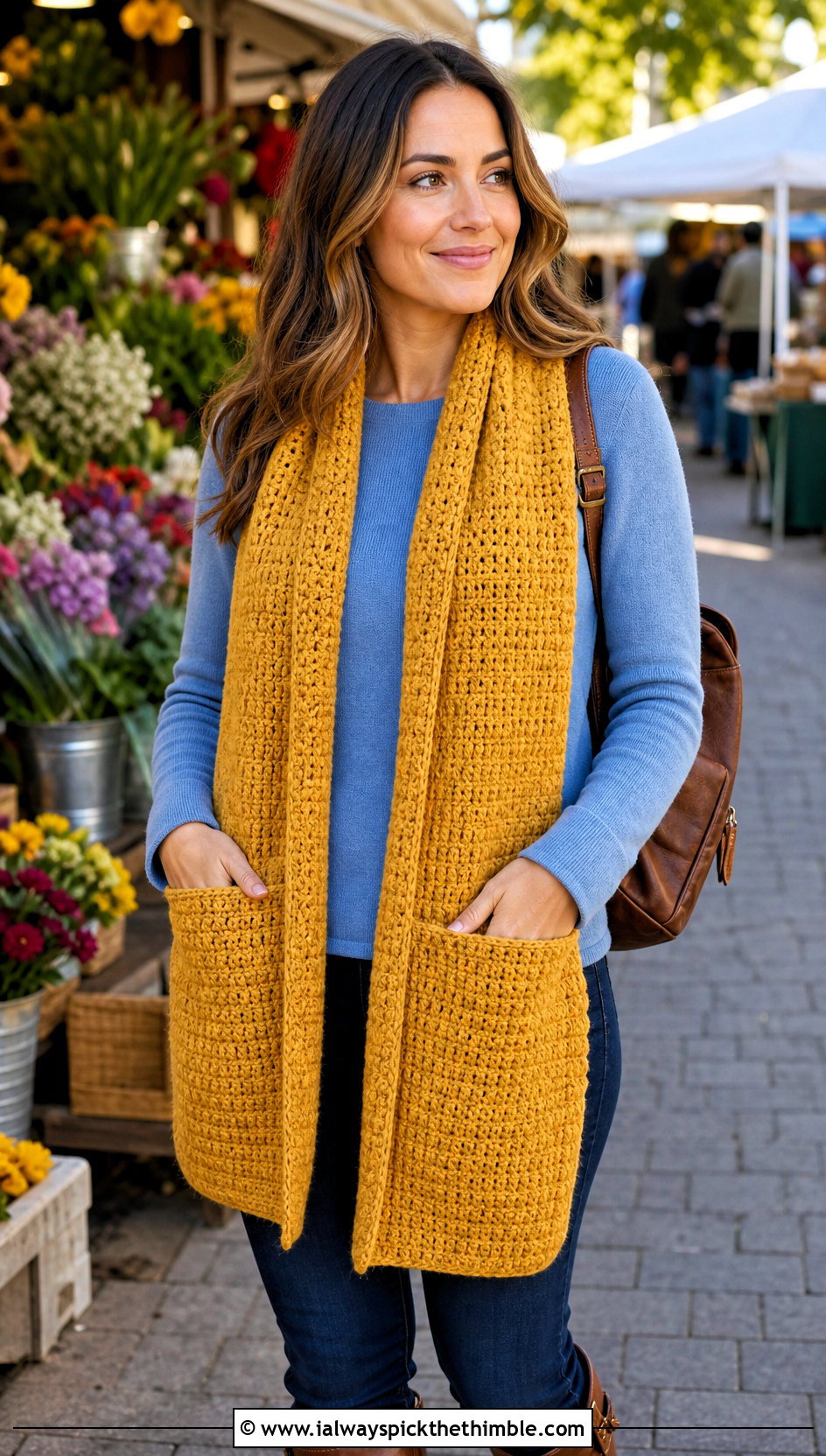 Pocket Double Crochet Scarf With Sweater And Jeans - 25 double crochet scarf outfit ideas