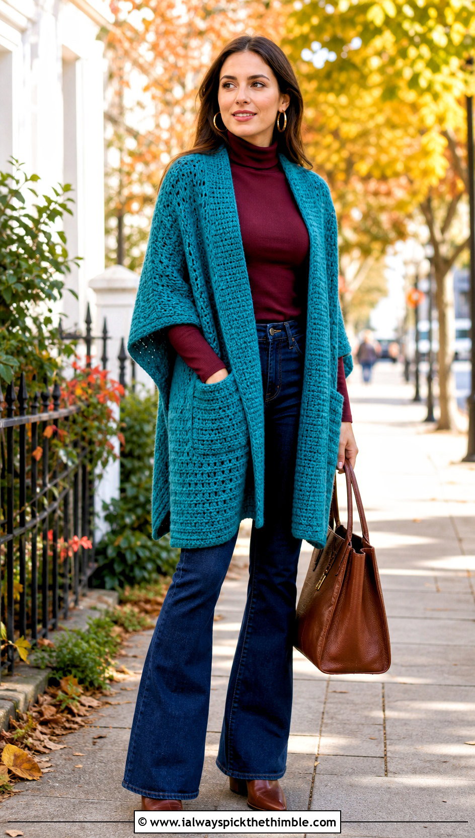 Pocket Double Crochet Shawl With Flared Jeans - 20 Double Crochet Shawl outfit ideas
