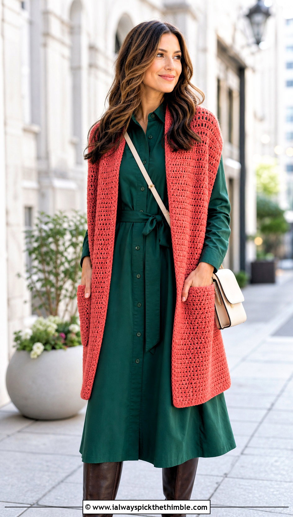 Pocket Double Sleeve Scarf With Shirt Dress - 20 crochet double sleeve scarf outfit ideas
