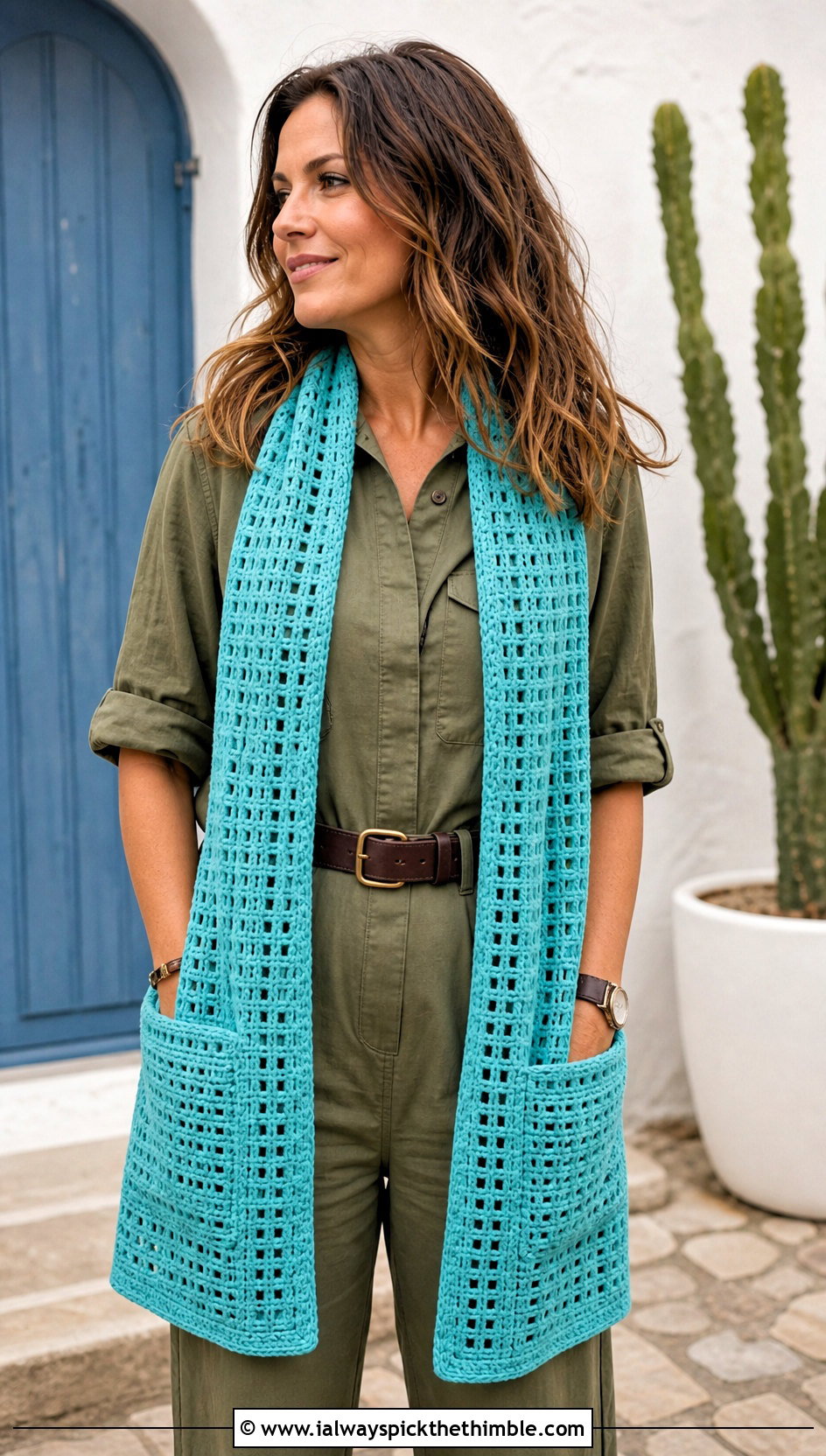 Pocket Filet Crochet Scarf With A Utility Jumpsuit - 25 filet crochet scarf outfit ideas