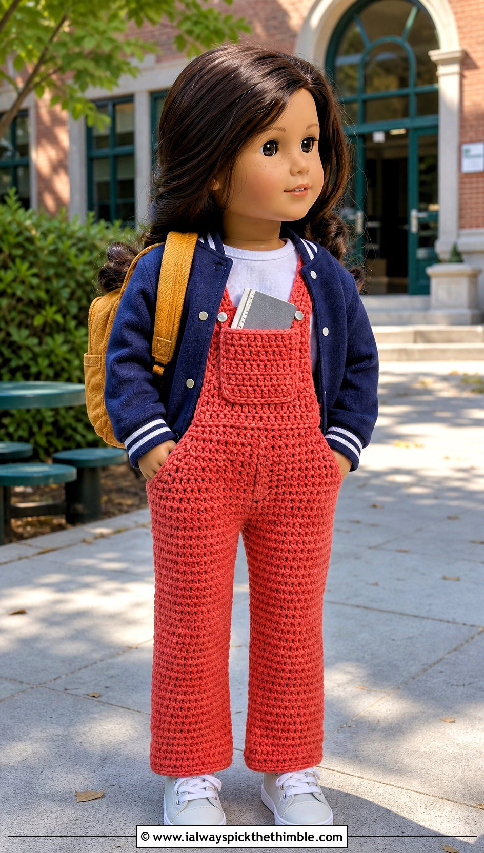 Pocket Front Crochet Doll Overalls With Varsity Jacket - 20 crochet doll overalls outfit ideas