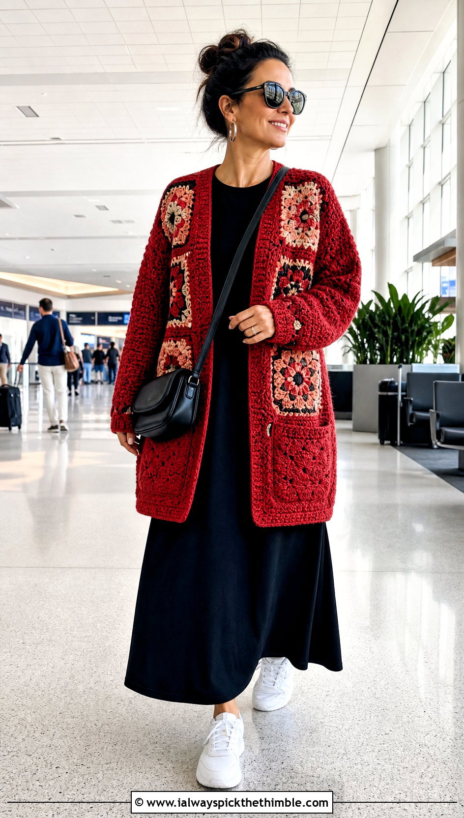 Pocket Granny Square Cardigan With Black Maxi Dress - 25 crochet granny square cardigan outfit ideas