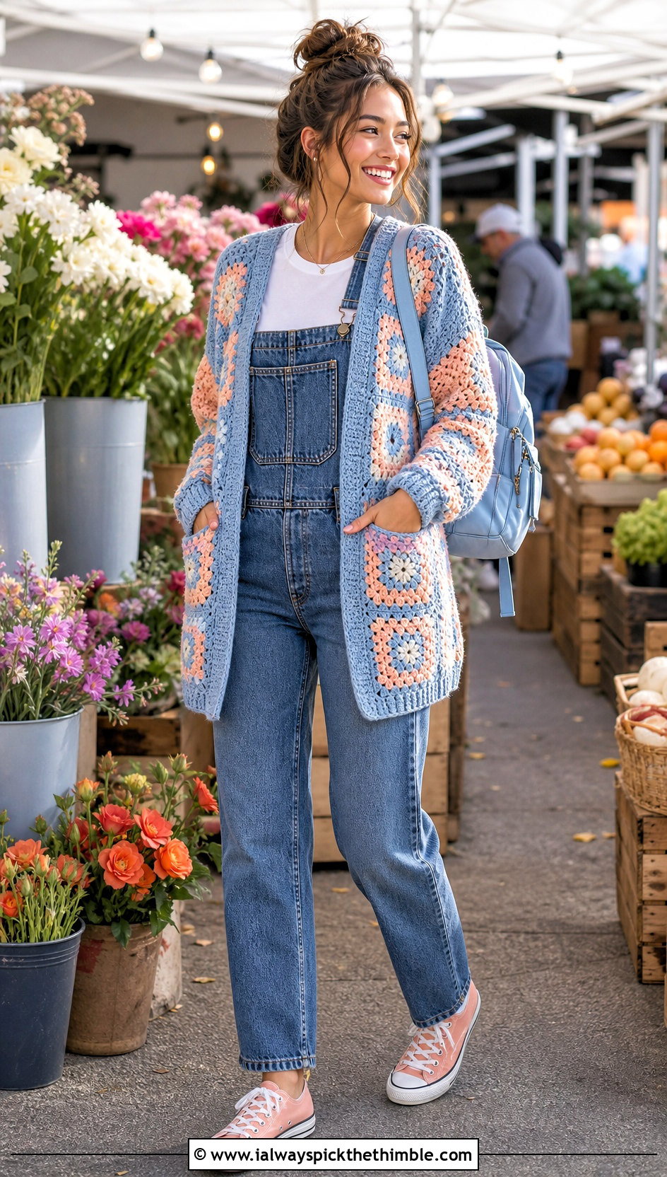 Pocket Granny Square Cardigan With Denim Overalls - 20 pastel granny square cardigan outfit ideas