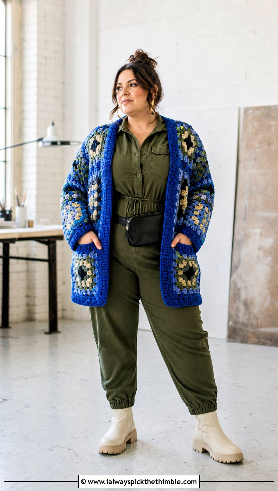Pocket Granny Square Cardigan With Utility Jumpsuit - 20 plus size crochet granny square cardigan outfit ideas