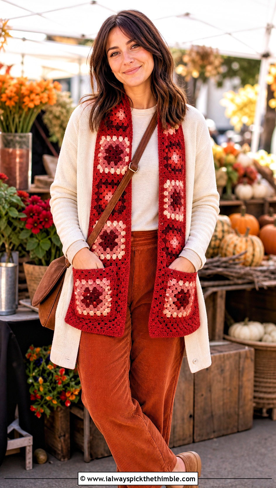 Pocket Granny Square Scarf With Cardigan And Corduroy Pants - 20 crochet scarf squares outfit ideas