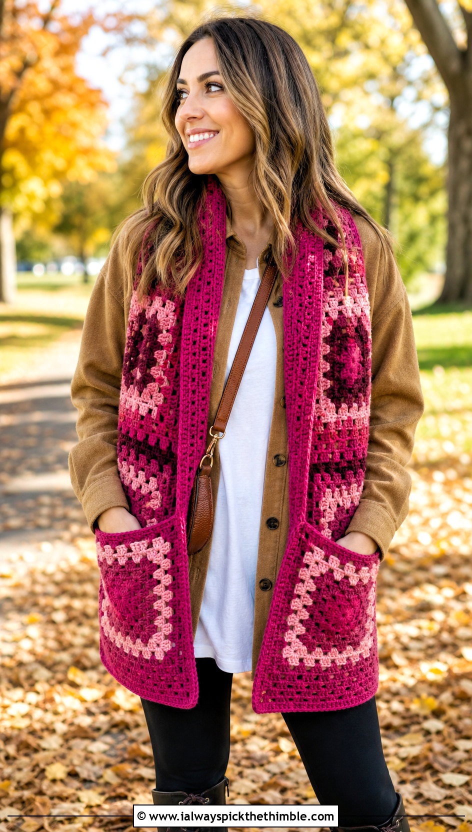 Pocket Granny Square Scarf With Shacket And Leggings - 25 granny square scarf outfit ideas