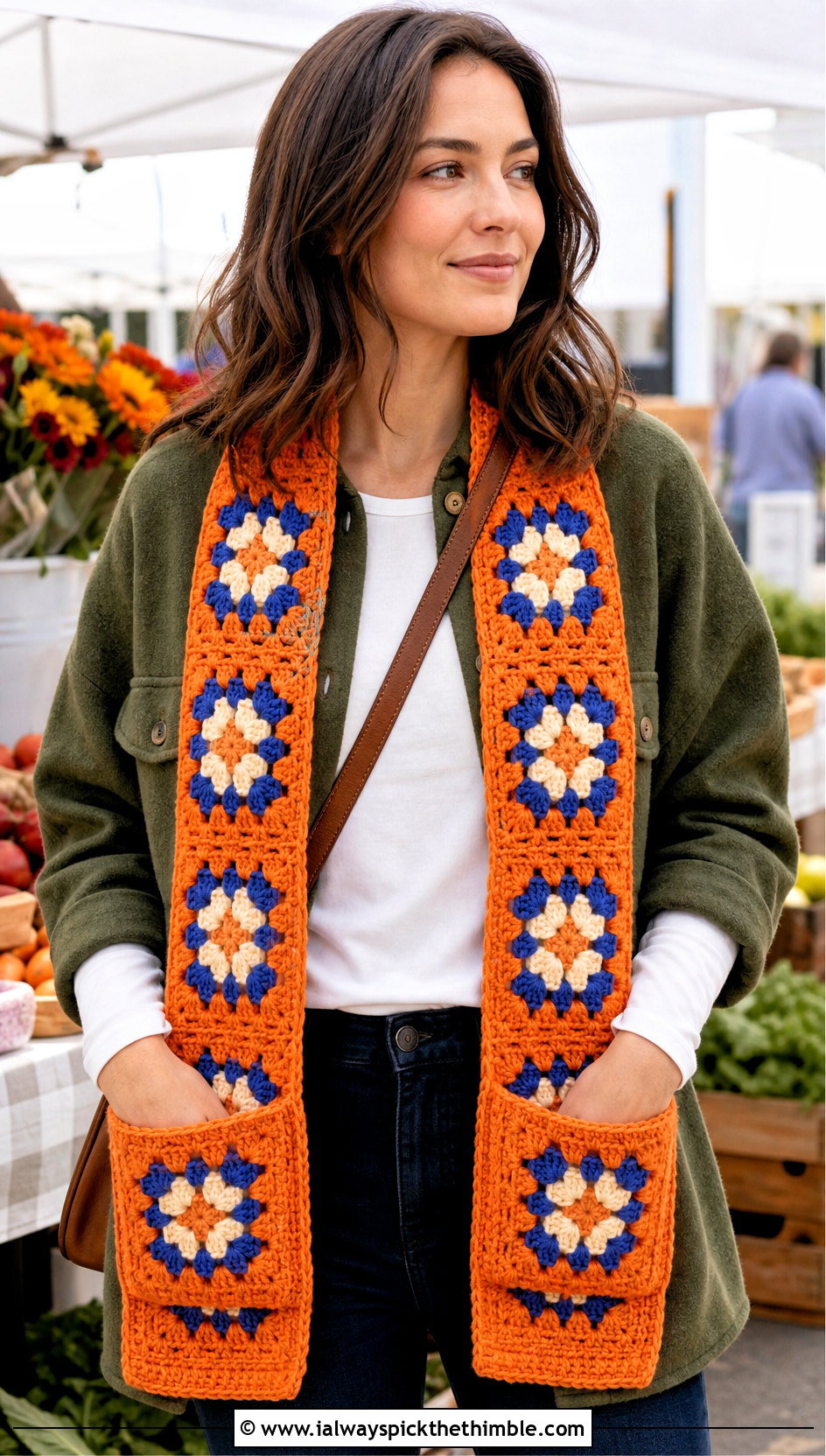 Pocket Granny Square Scarf With Shacket And Straight Leg Jeans - 25 granny crochet scarf outfit ideas