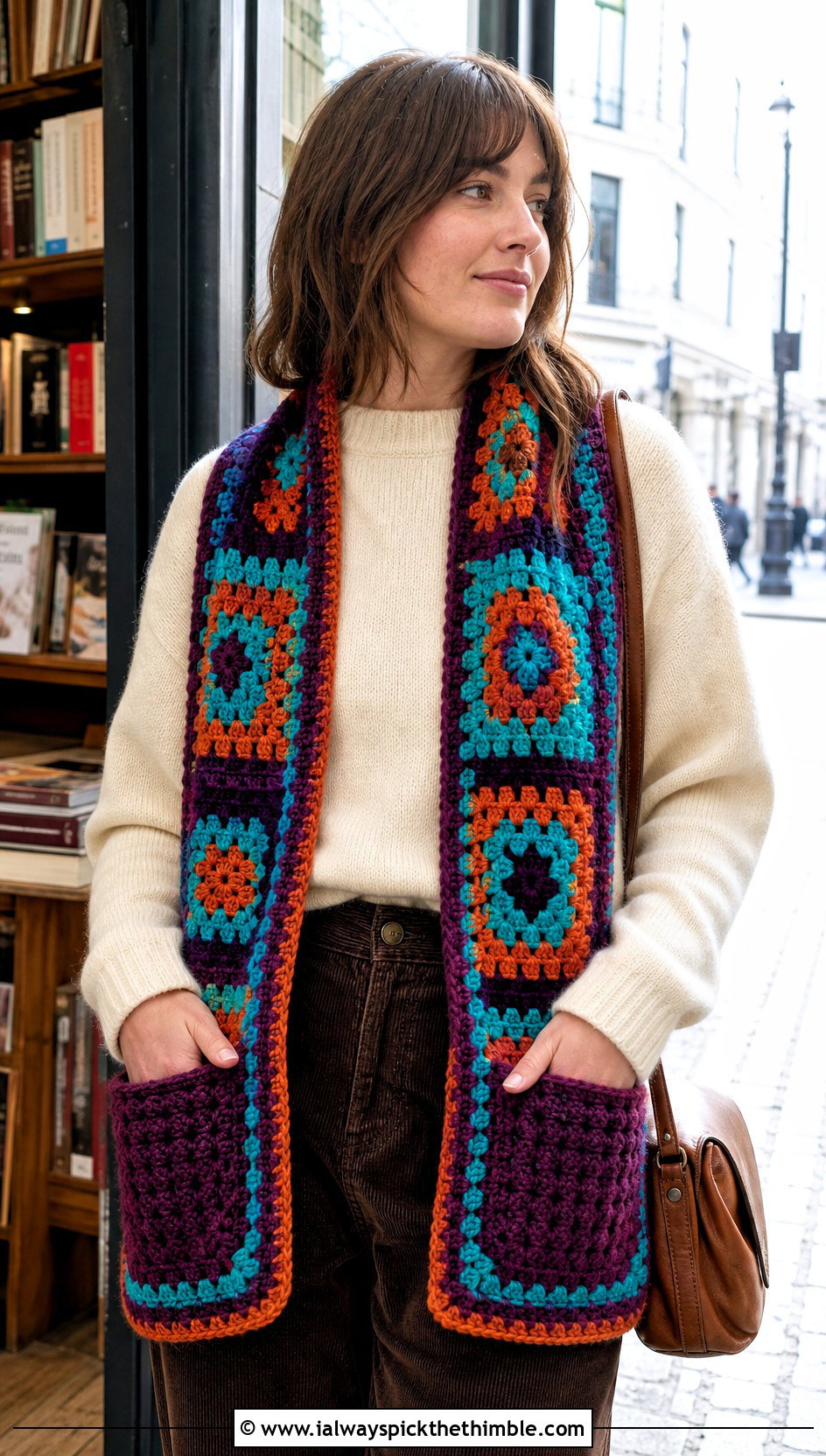 Pocket Granny Square Scarf With Sweater And Corduroy Pants - 20 crochet granny square scarf outfit ideas