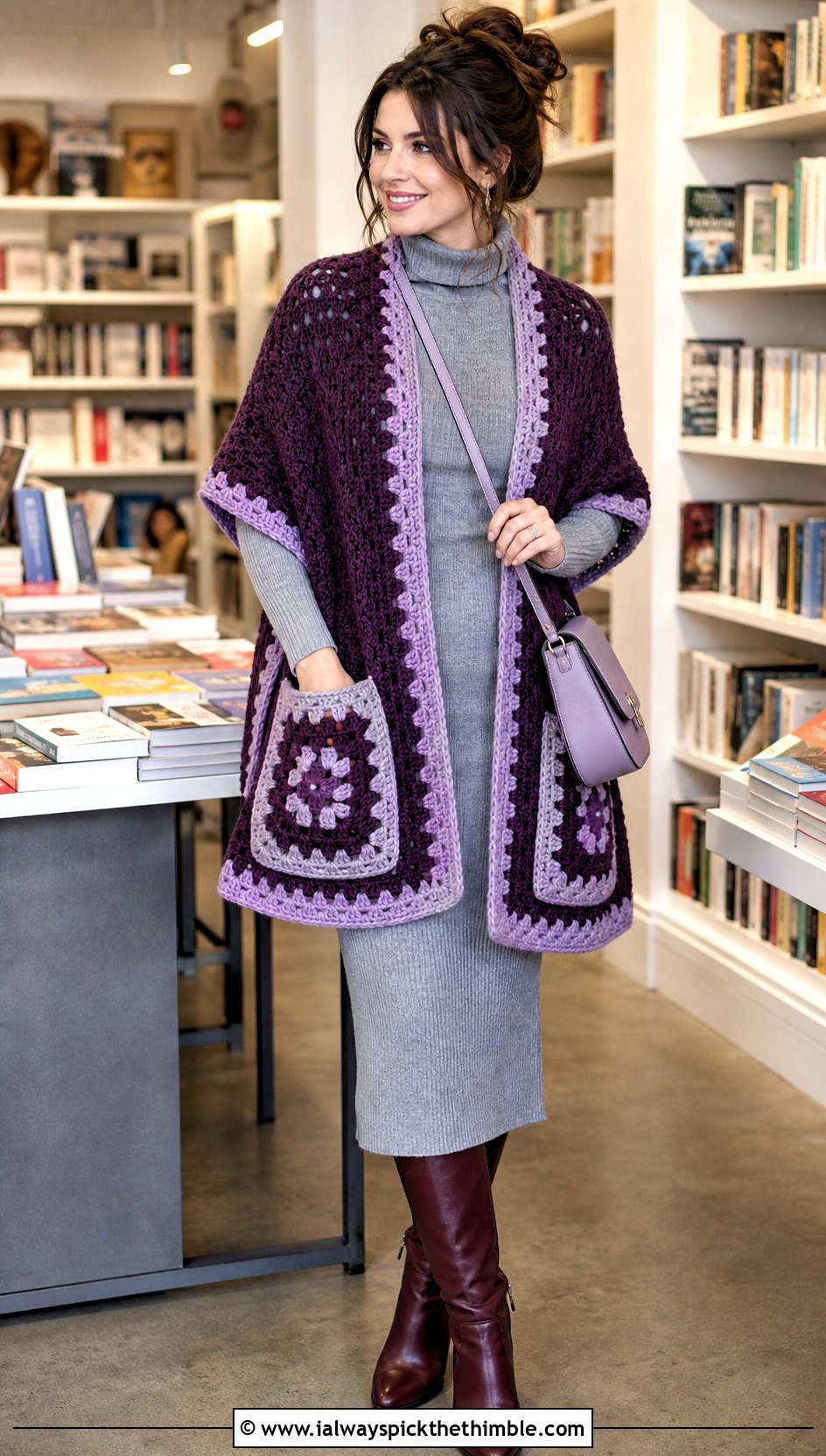 Pocket Granny Square Shawl With Knit Dress - 25 granny square shawl outfit ideas