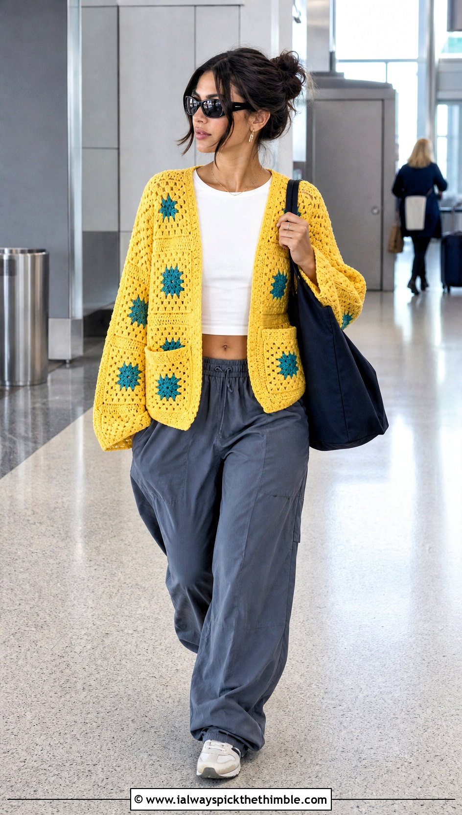 Pocket Granny Square Summer Cardigan With Parachute Pants - 20 granny square summer cardigan outfit ideas