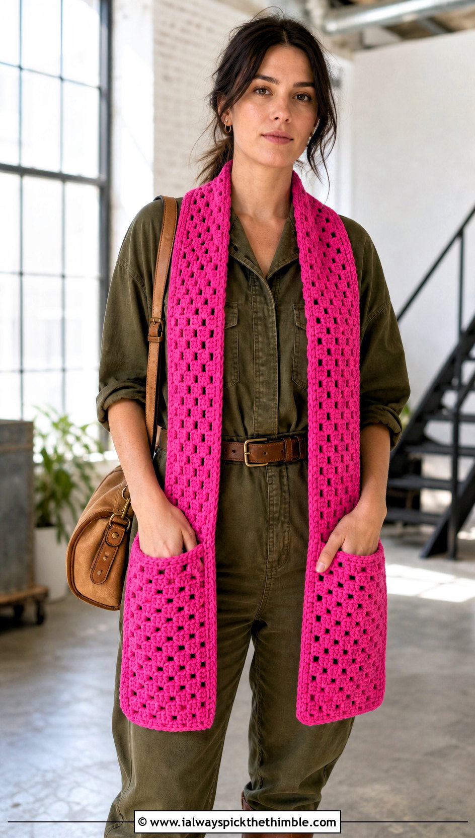 Pocket Granny Stitch Scarf With Utility Jumpsuit - 20 crochet granny stitch scarf outfit ideas
