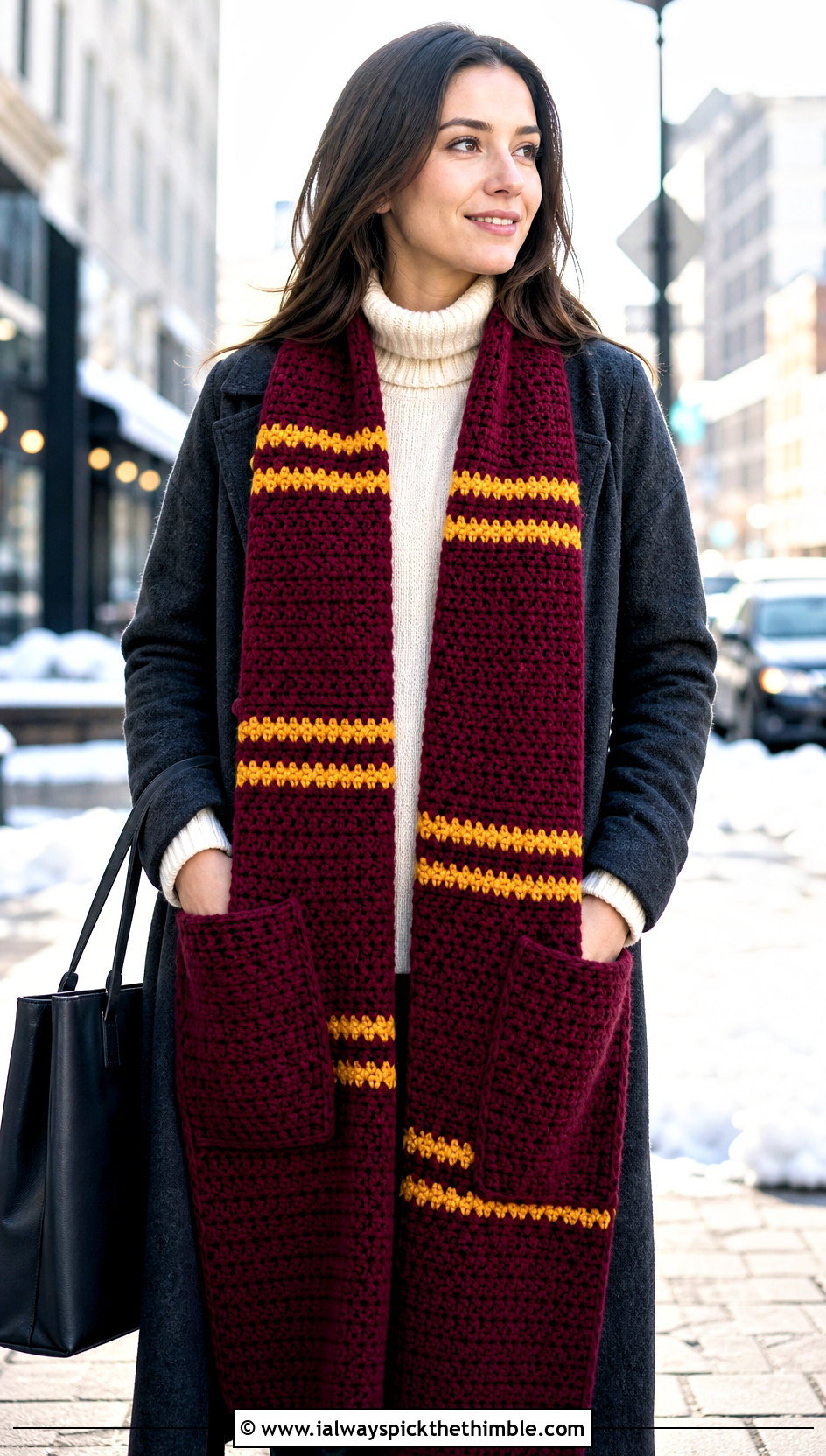 Pocket Gryffindor Crochet Scarf With Long Wool Coat - 20 gryffindor crochet scarf outfit ideas