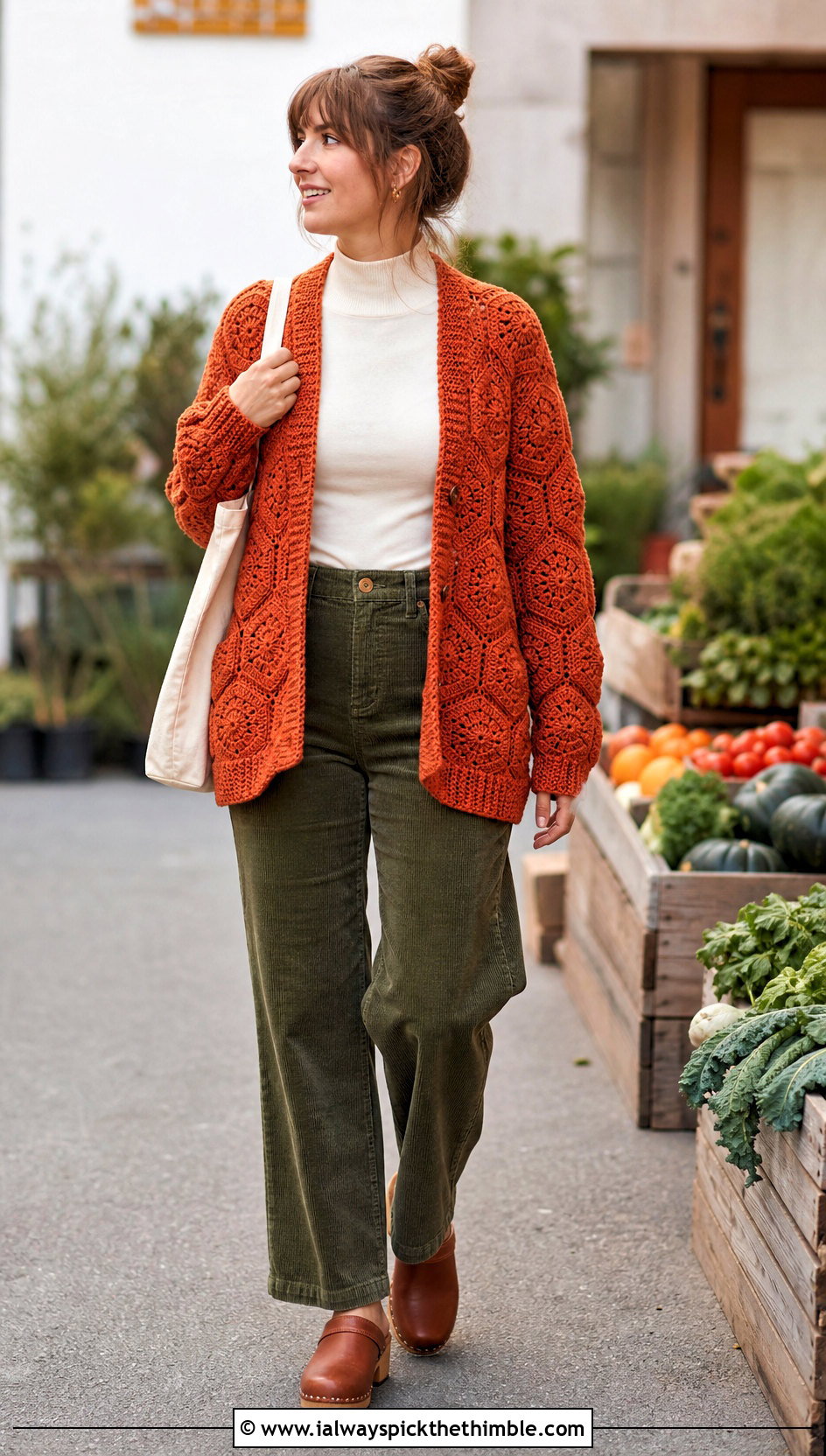 Pocket Hexagon Cardigan With Corduroy Pants - 25 crochet hexagon sweater outfit ideas