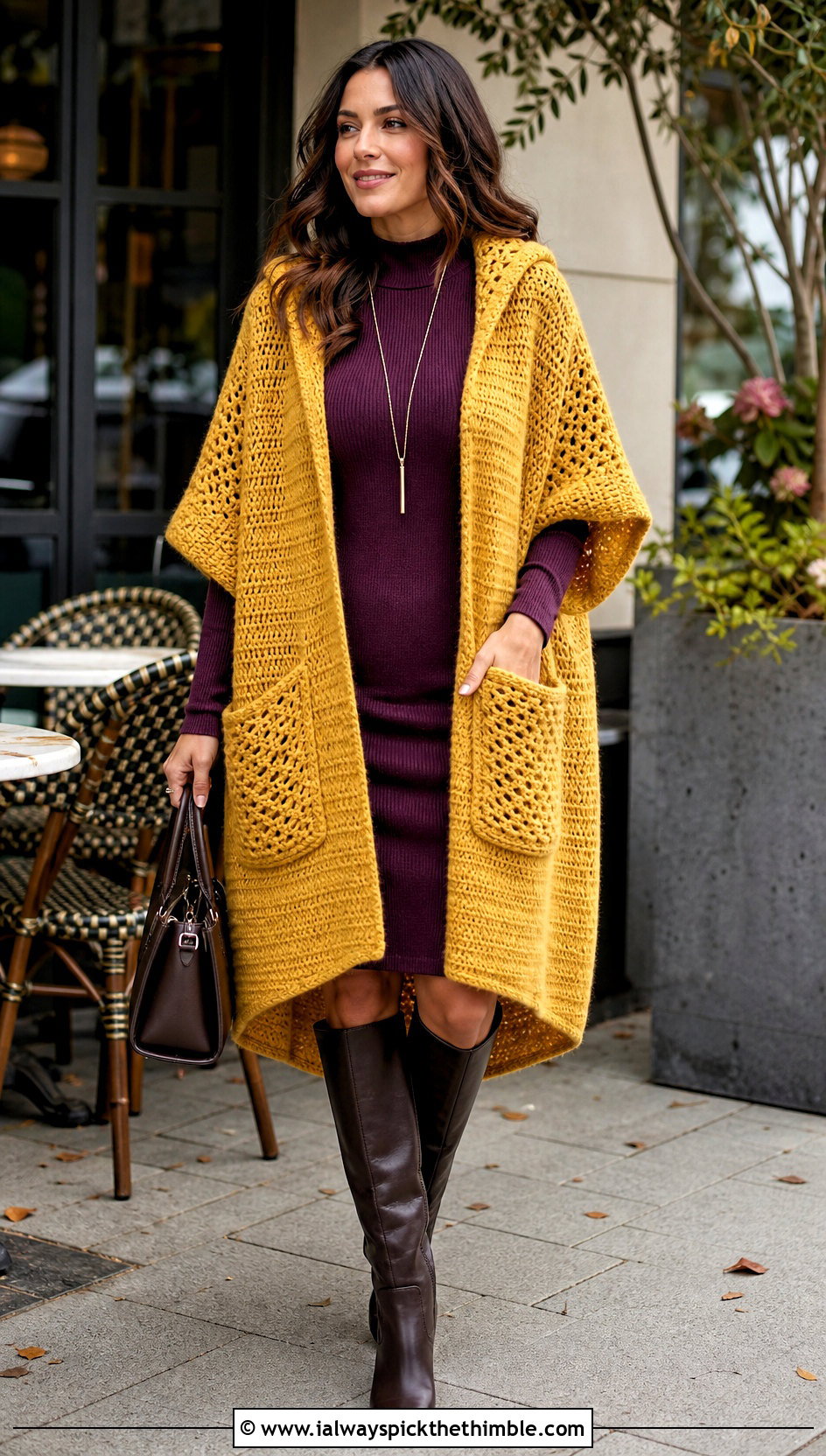 Pocket Hooded Crochet Ruana With Sweater Dress - 20 Hooded Crochet Ruana outfit ideas