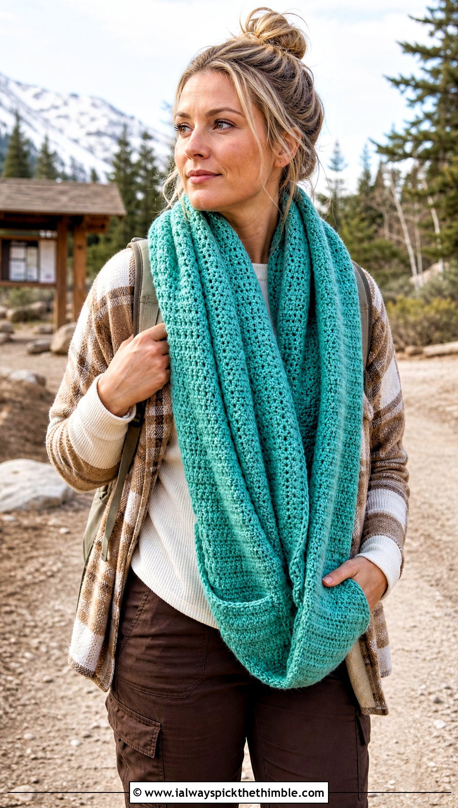 Pocket Hooded Infinity Scarf With Shacket And Cargo Pants - 15 crochet infinity scarf with hood outfit ideas
