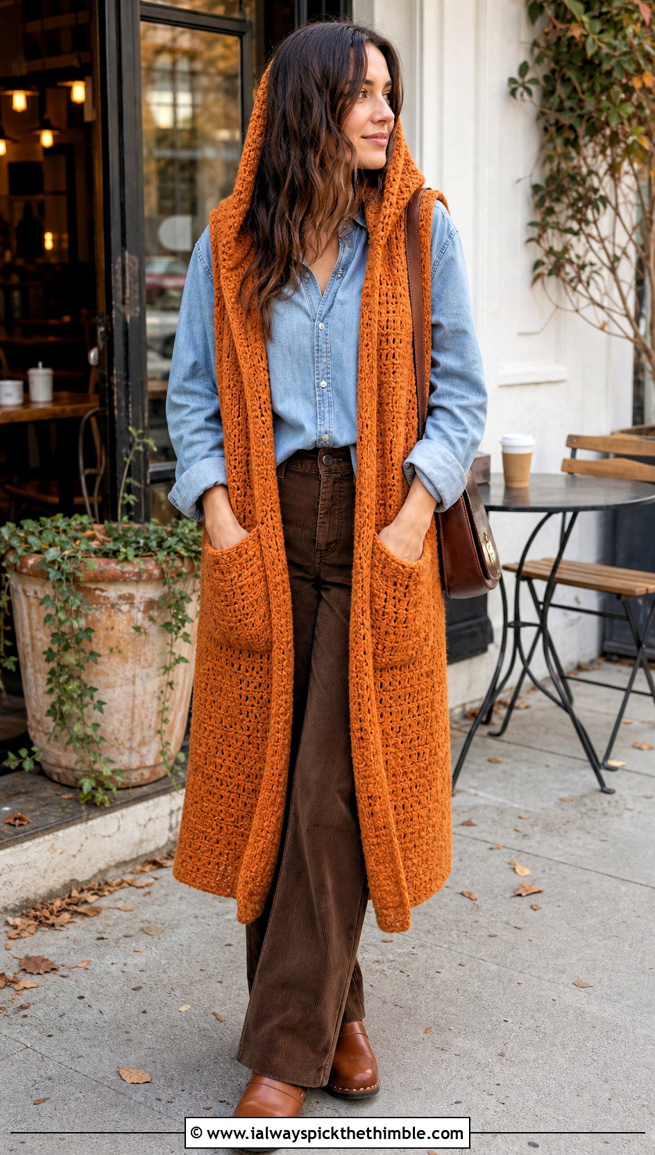 Pocket Hooded Scarf With Denim Shirt And Corduroy Pants - 20 crochet scarf hood outfit ideas