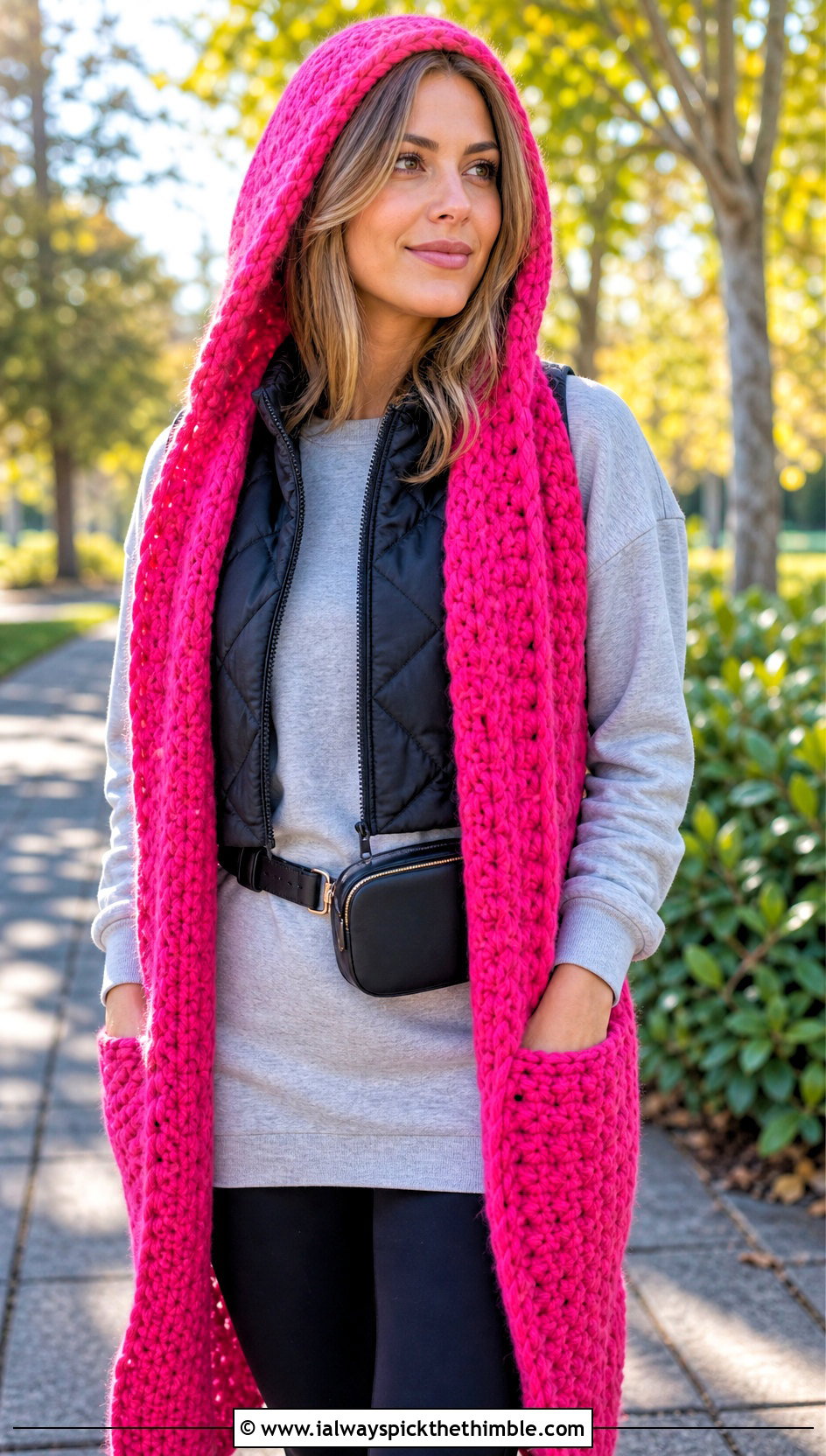 Pocket Hooded Scarf With Leggings And Boots - 20 Crochet Hoodie Scarf outfit ideas