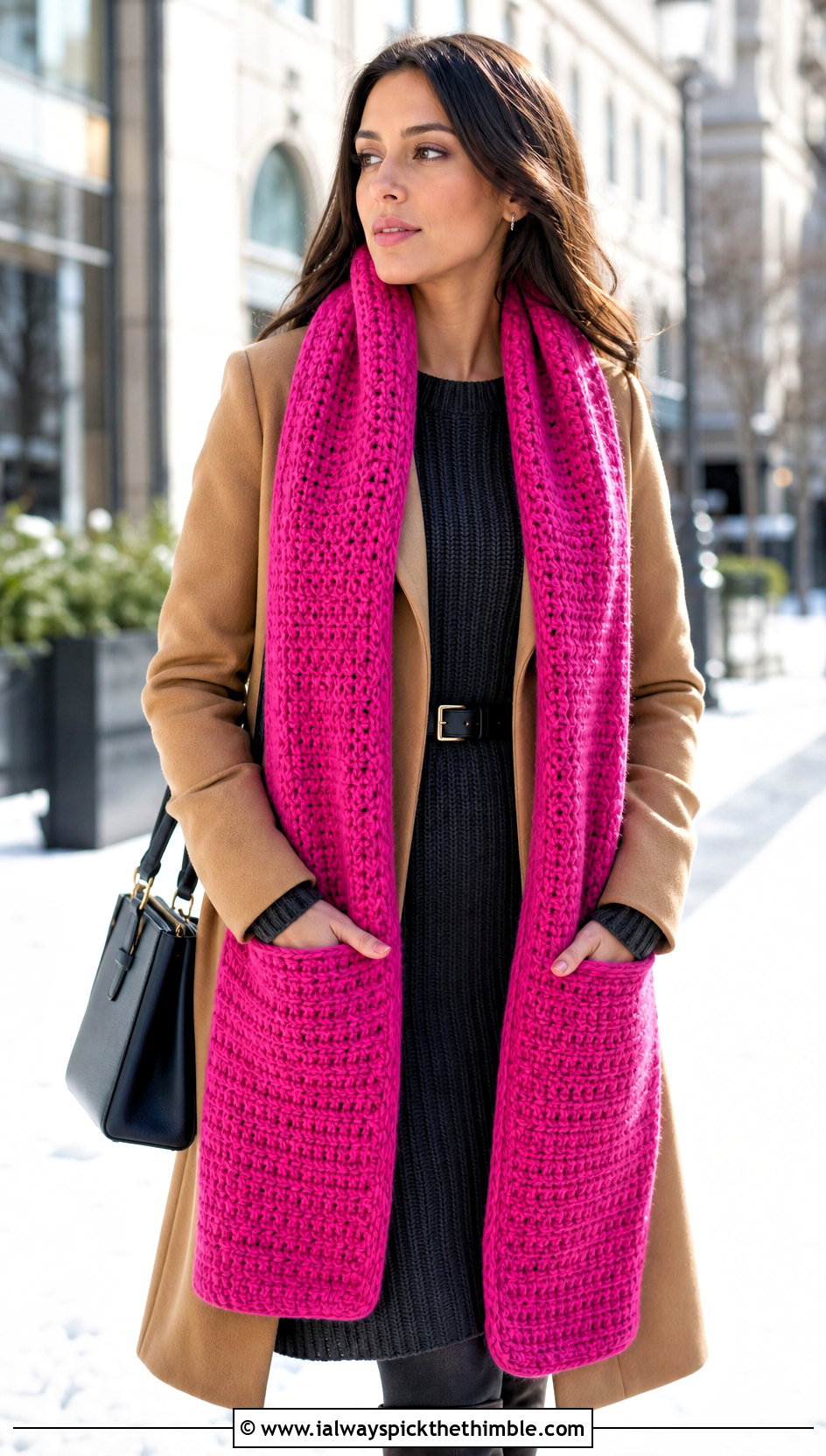 Pocket Hooded Scarf With Sweater Dress - 25 crochet hood scarf outfit ideas