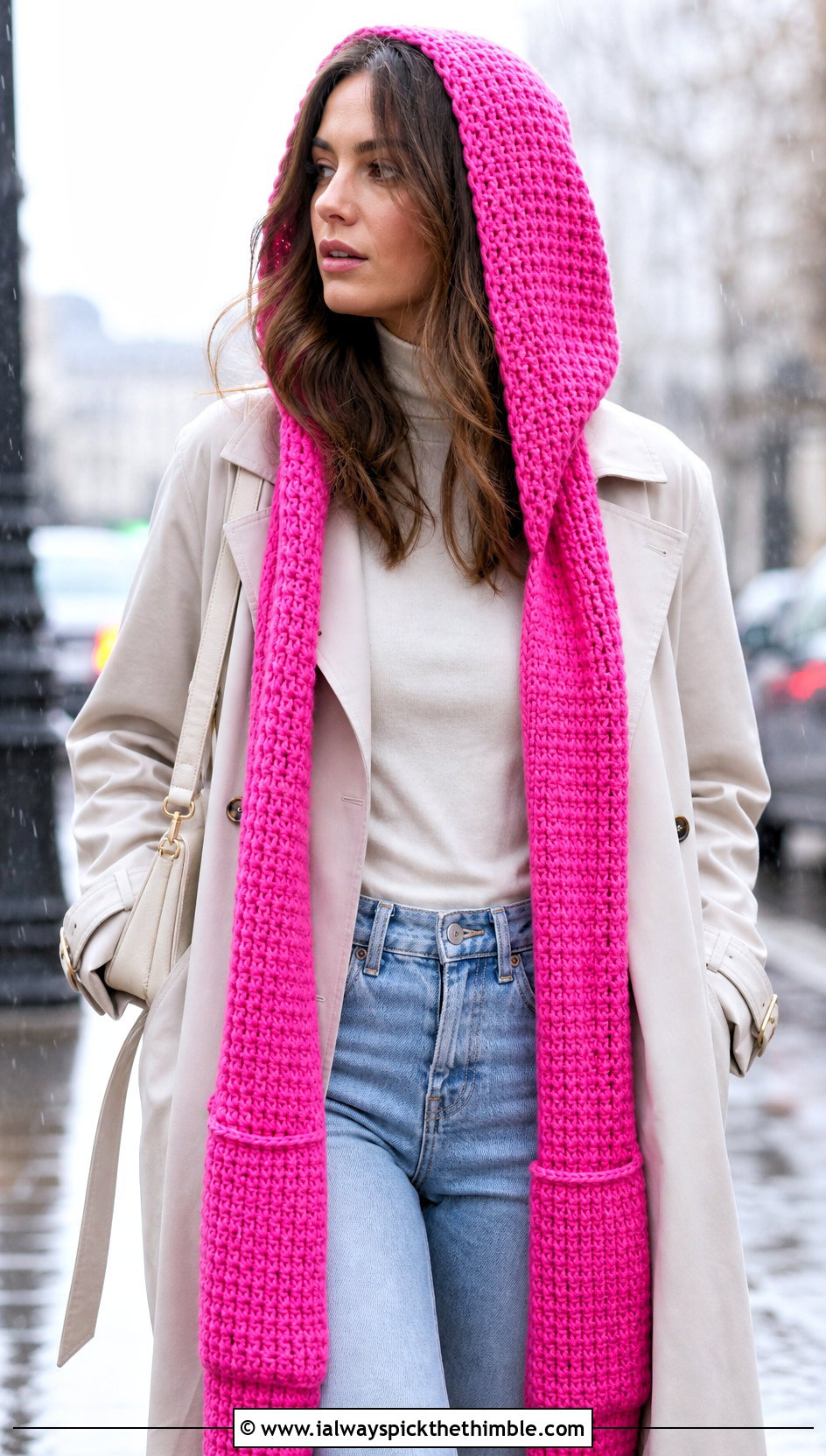 Pocket Hooded Scarf With Trench Coat And Loafers - 25 crochet hooded scarf outfit ideas