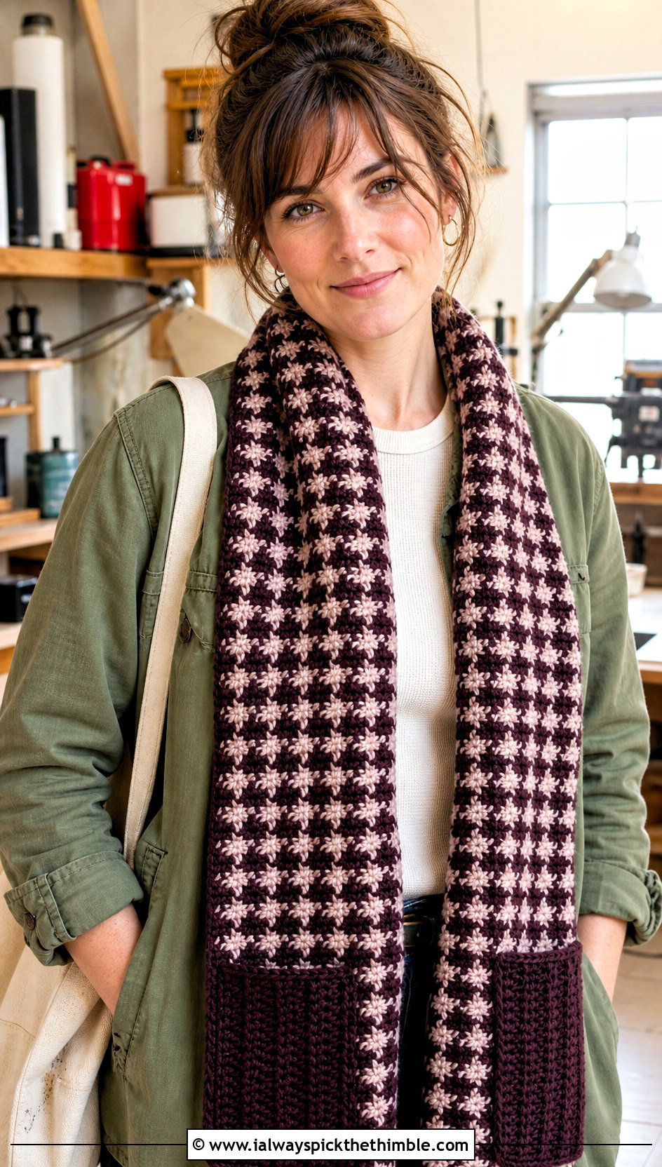 Pocket Houndstooth Crochet Scarf With Chore Jacket - 15 Houndstooth Crochet Scarf outfit ideas