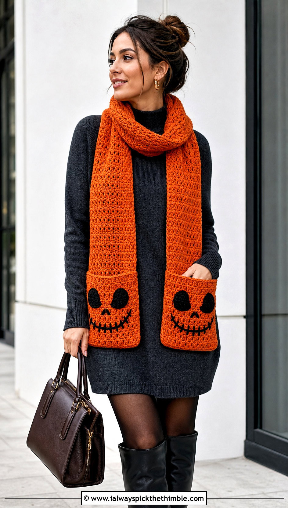 Pocket Jack Skellington Crochet Scarf With Sweater Dress - 20 Crochet Jack Skellington Scarf outfit ideas