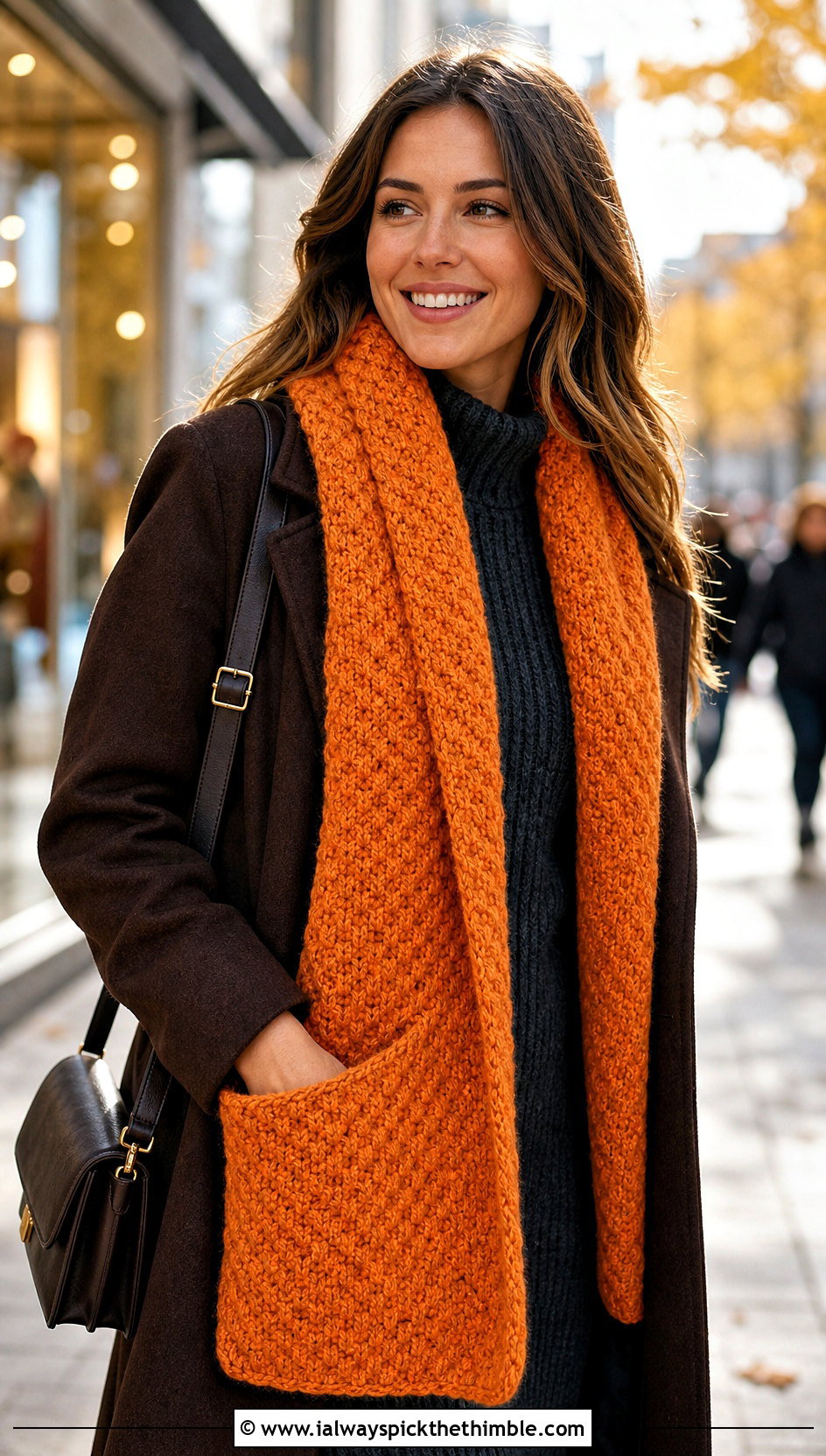 Pocket Lemon Peel Stitch Scarf With Sweater Dress - 20 Crochet Lemon Peel Stitch Scarf outfit ideas