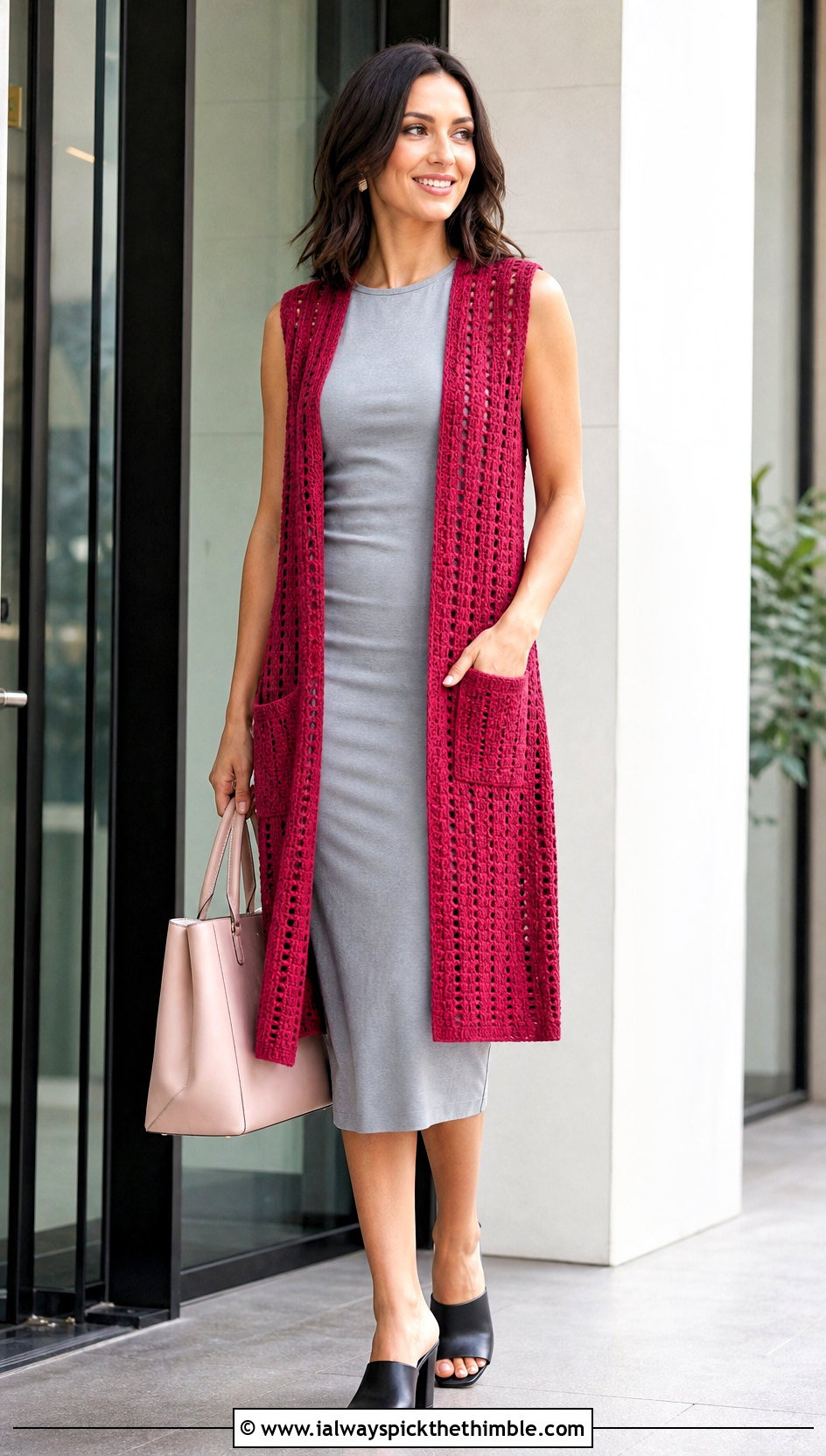 Pocket Longline Crochet Hippie Vest With Column Dress - 20 crochet hippie vest outfit ideas