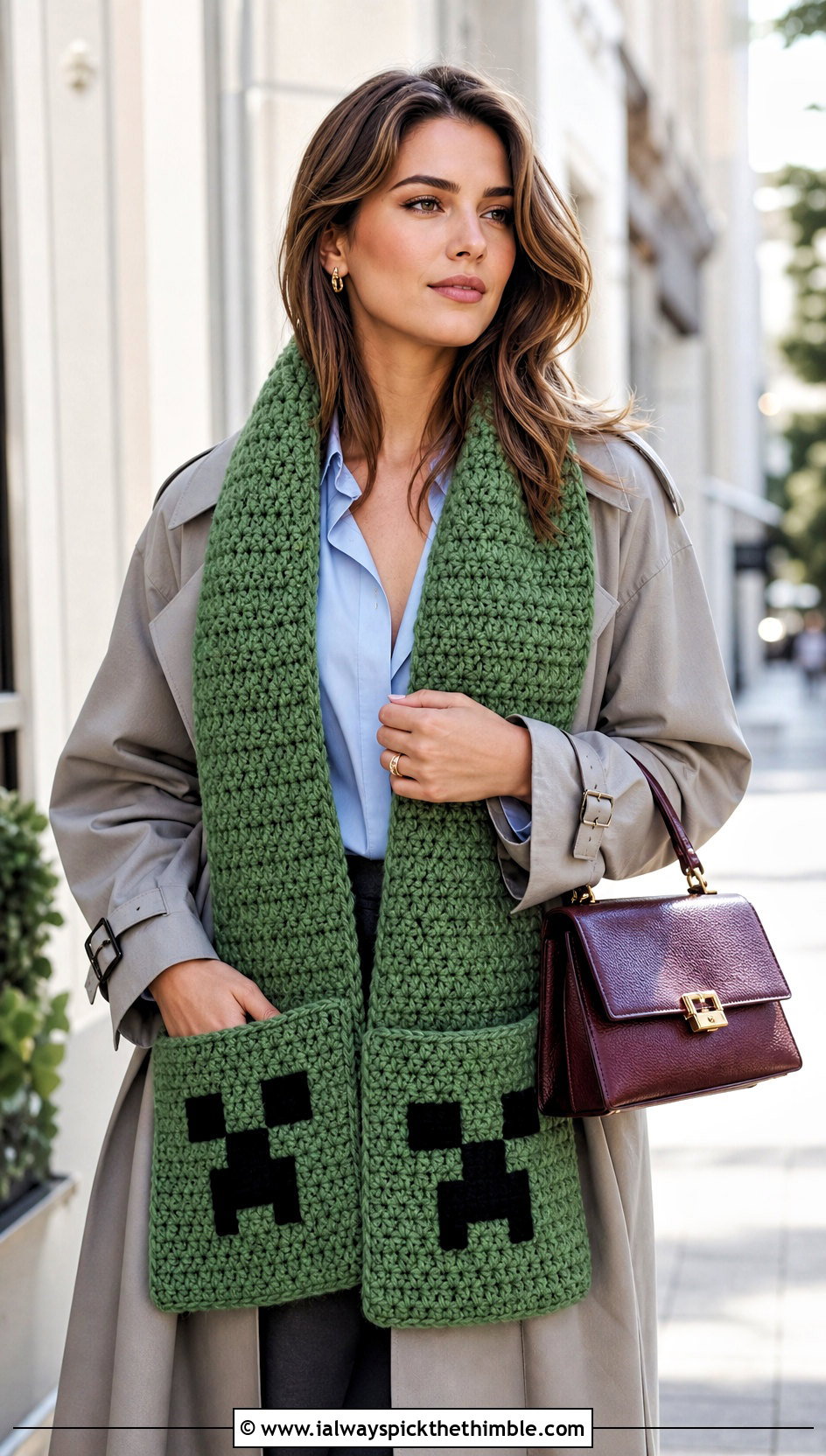 Pocket Minecraft Creeper Crochet Scarf With Trench Coat - 15 minecraft creeper crochet scarf outfit ideas
