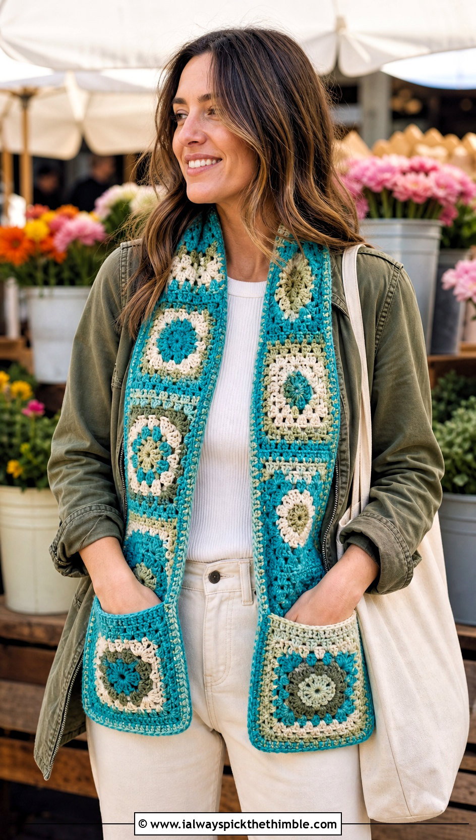 Pocket Mosaic Crochet Scarf With Utility Jacket - 20 Mosaic Crochet Scarf outfit ideas