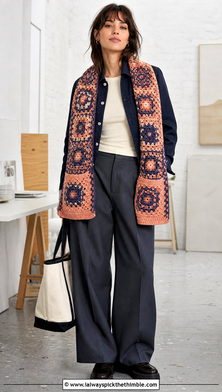 Pocket Mosaic Crochet Shawl With Chore Jacket And Wide Leg Pants - 20 mosaic crochet shawl outfit ideas