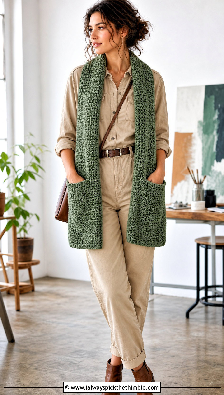 Pocket Moss Stitch Scarf With A Utility Jumpsuit - 25 crochet moss stitch scarf outfit ideas