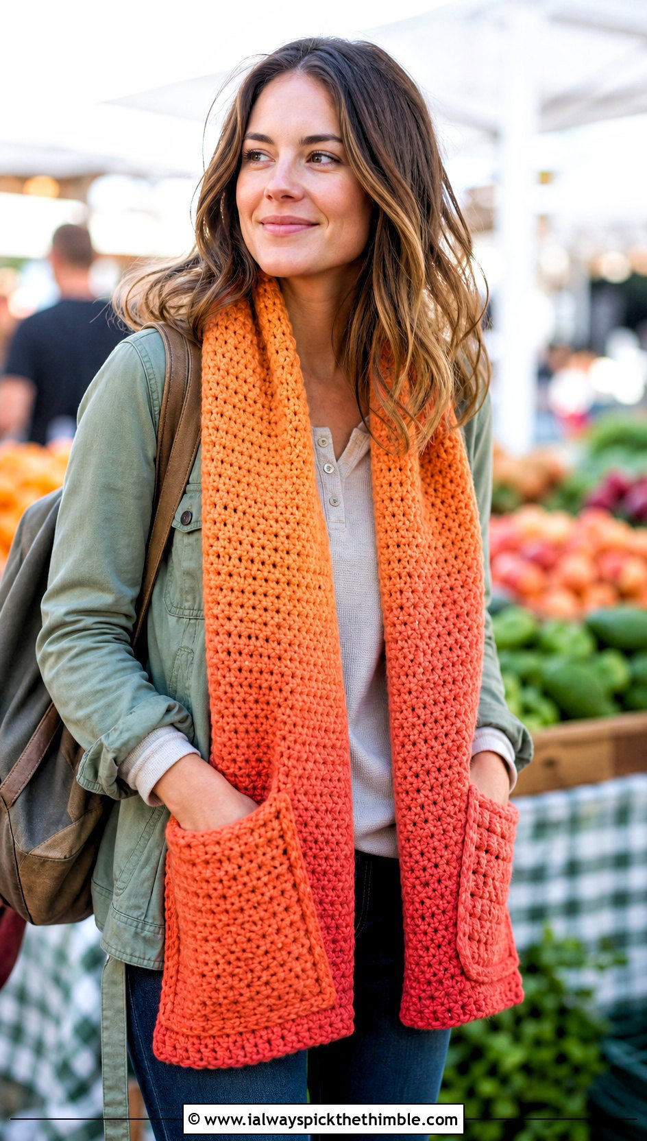 Pocket Ombre Crochet Scarf With Utility Jacket - 20 Ombre Crochet Scarf outfit ideas
