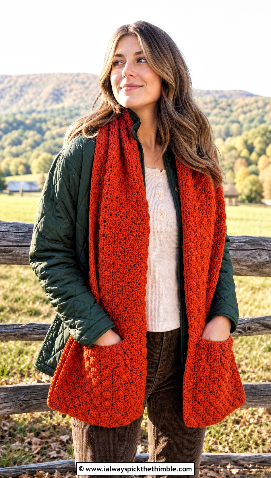 Pocket Popcorn Crochet Scarf With Quilted Jacket - 20 Popcorn Crochet Scarf outfit ideas