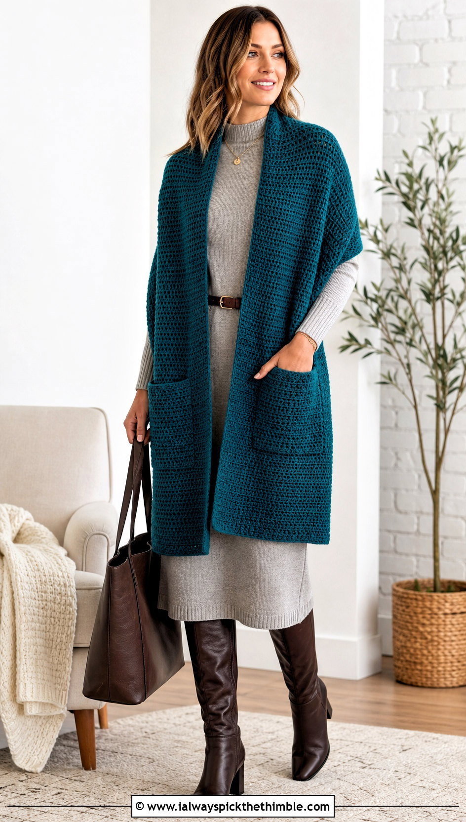 Pocket Rectangle Crochet Shawl With Sweater Dress - 20 Easy Crochet Rectangle Shawl outfit ideas