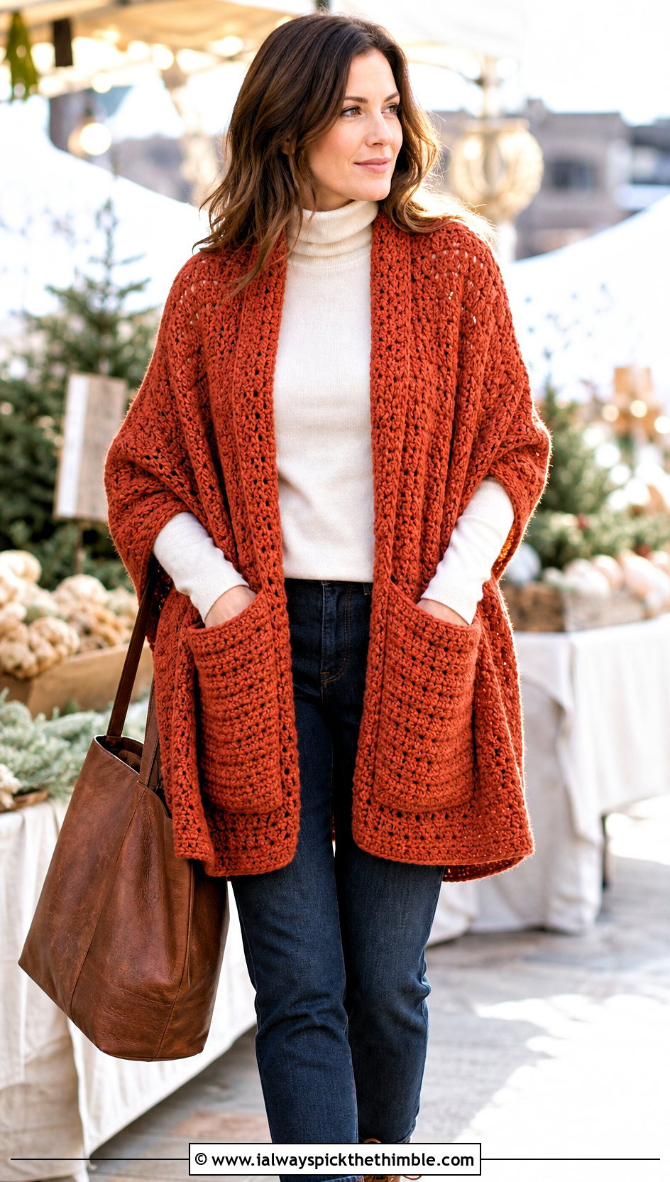 Pocket Rectangle Crochet Shawl With Turtleneck And Jeans - 20 Rectangle Crochet Shawl outfit ideas