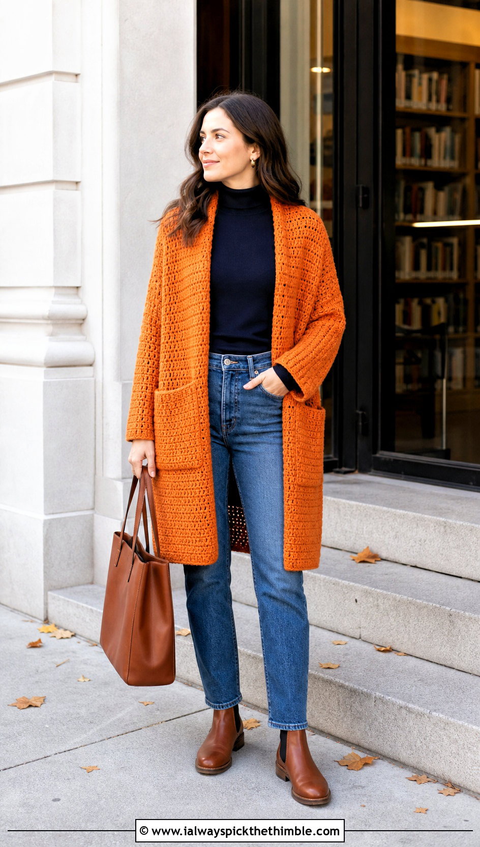 Pocket Rectangular Crochet Shawl With Turtleneck And Jeans - 20 rectangular crochet shawls outfit ideas
