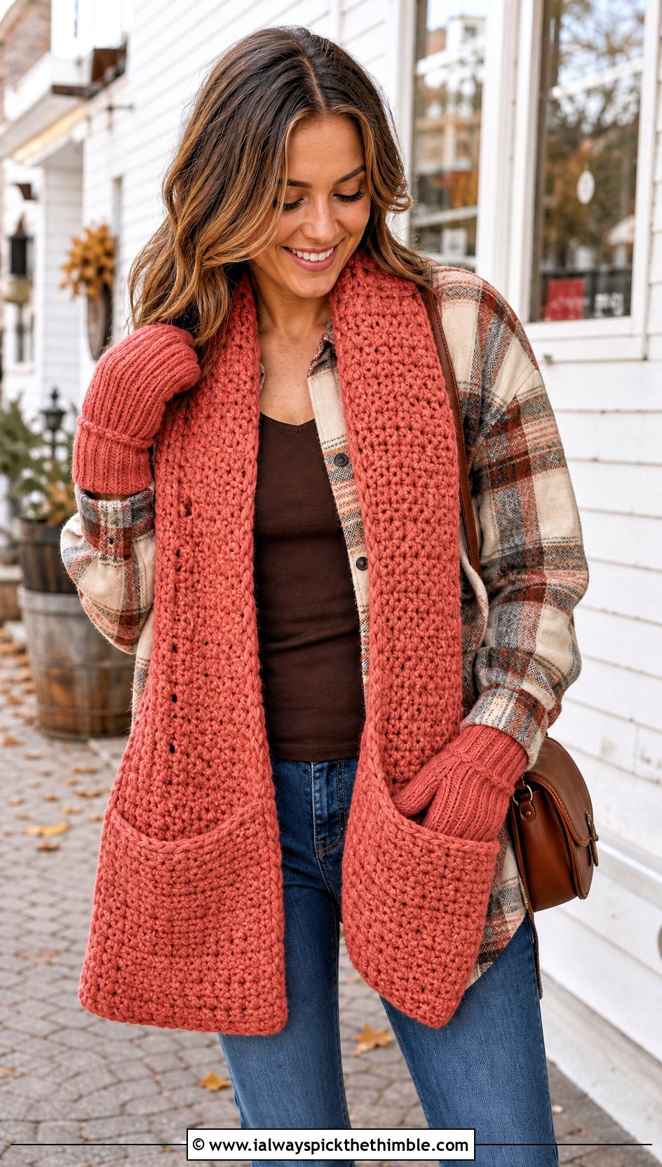 Pocket Scarf And Mittens With Shacket - 15 Crochet Scarf And Mittens Set outfit ideas