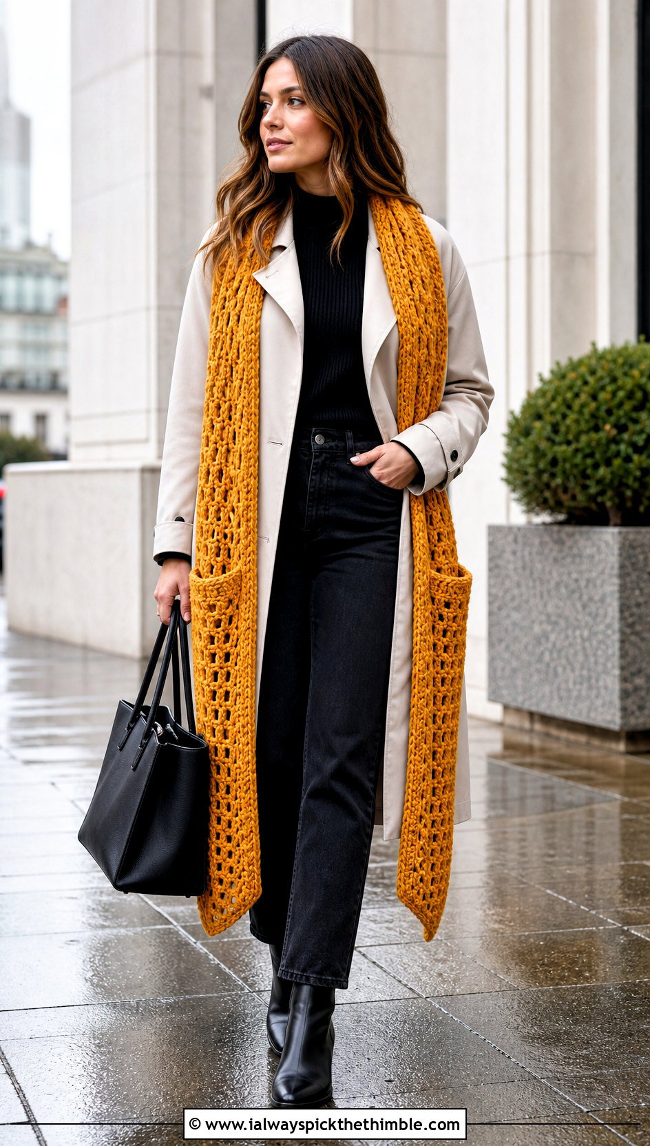 Pocket Scarf Shawl With Trench Coat - 20 Easy Crochet Shawl With Pockets outfit ideas