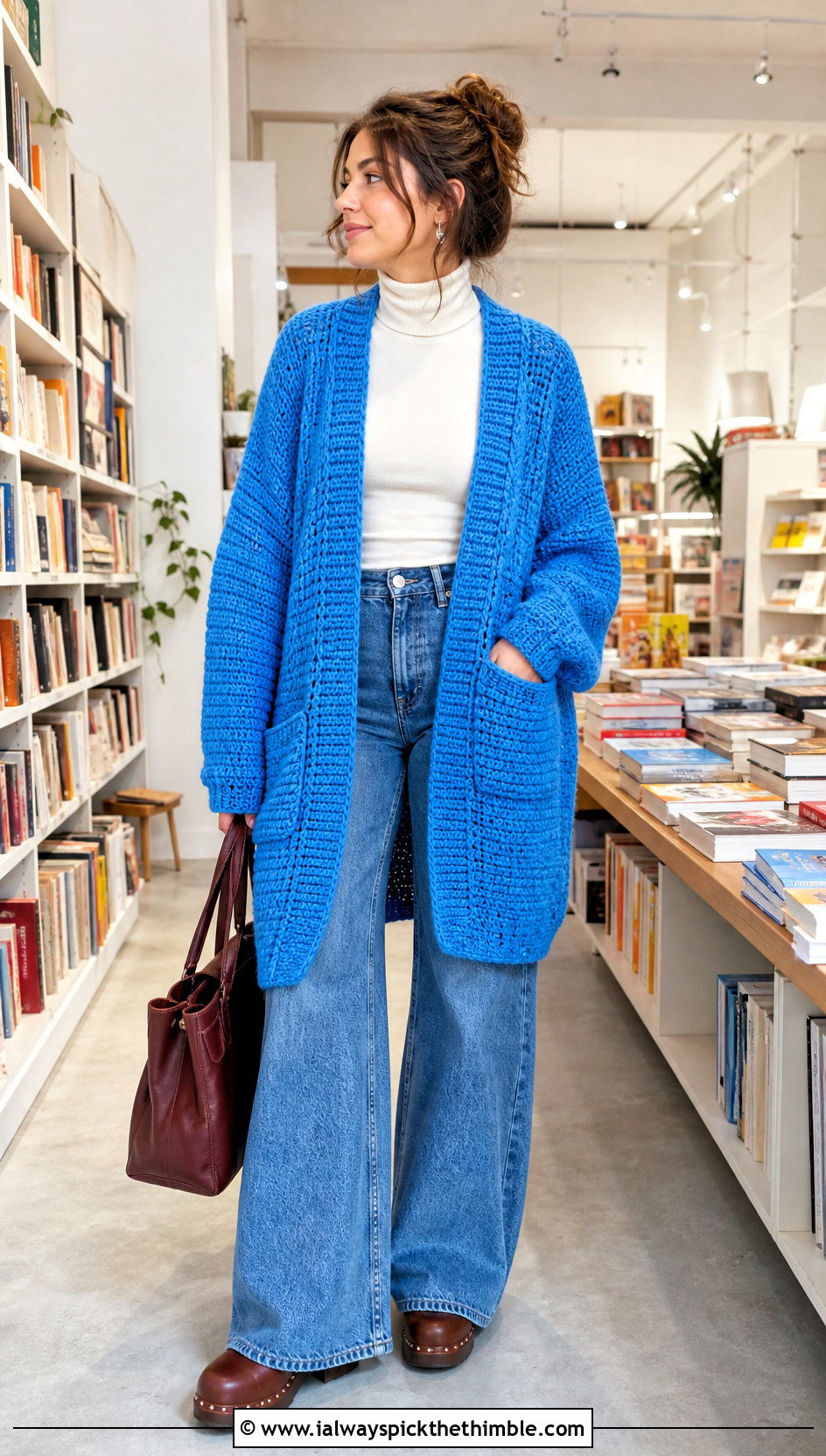 Pocket Slouchy Crochet Cardigan With A Turtleneck And Wide Leg Jeans - 20 Slouchy Crochet Cardigan outfit ideas