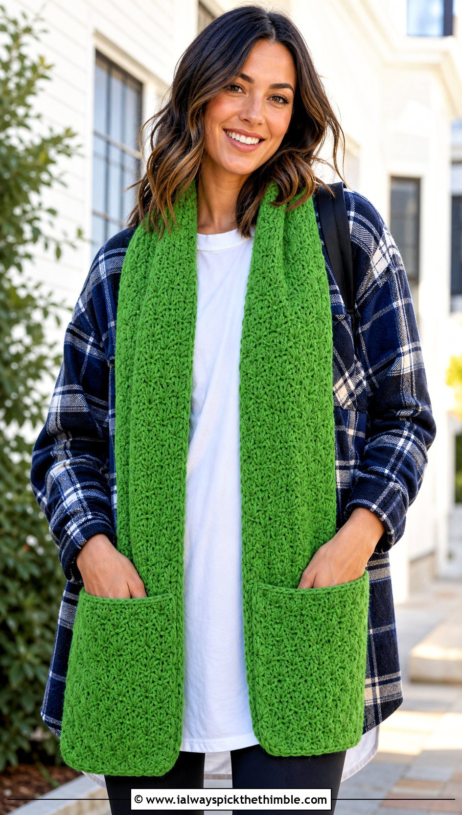 Pocket Star Stitch Scarf With Leggings And Shacket - 20 Crochet Star Stitch Scarf outfit ideas