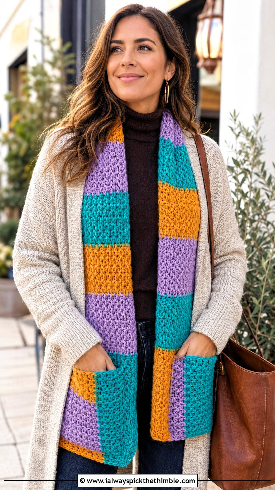 Pocket Striped Crochet Scarf With Long Knit Coat - 20 striped crochet scarf outfit ideas