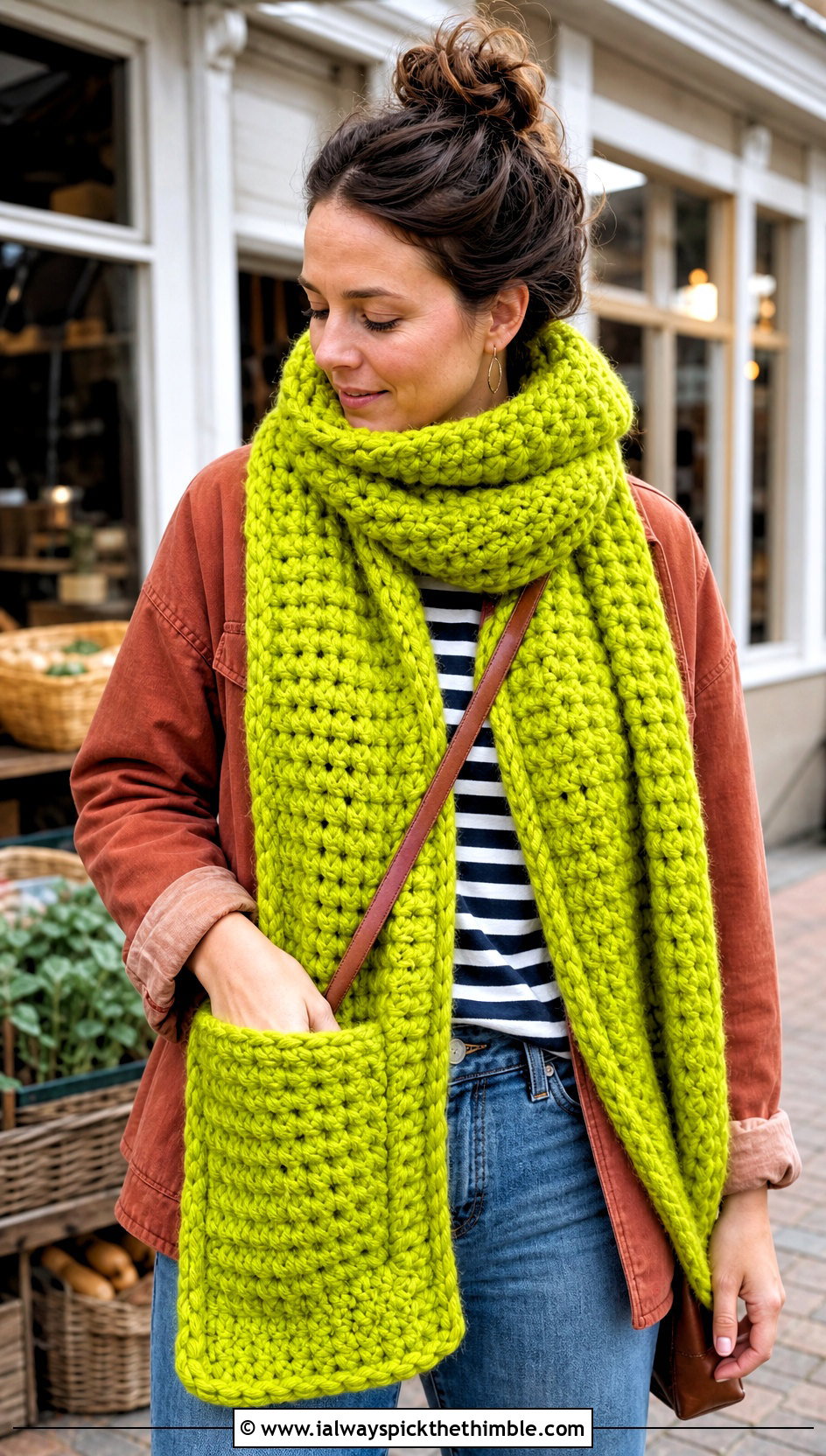 Pocket Super Chunky Crochet Scarf With Chore Jacket - 20 Super Chunky Crochet Scarf outfit ideas