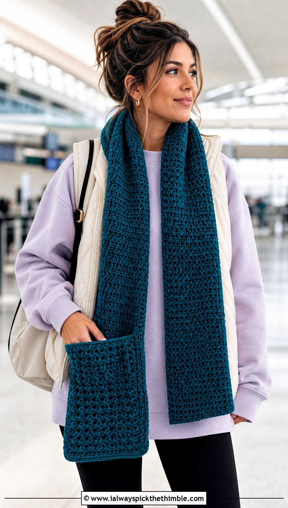 Pocket V Stitch Scarf With Leggings - 20 crochet v stitch scarf outfit ideas