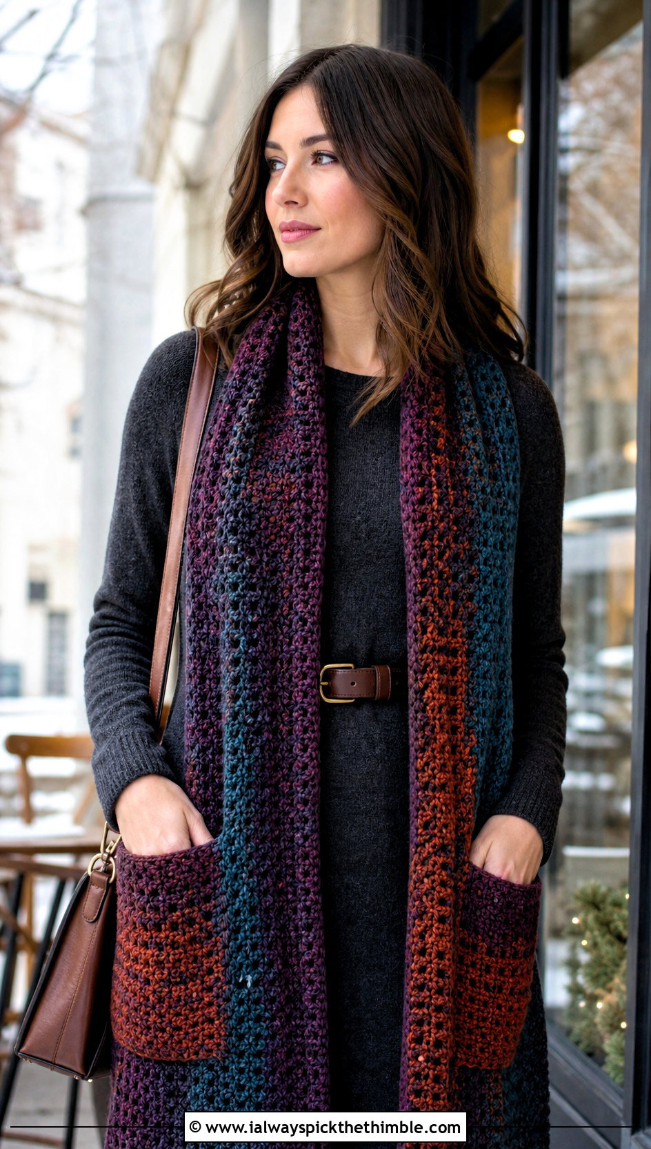 Pocket Variegated Crochet Scarf With Sweater Dress - 20 Variegated Yarn Crochet Scarf outfit ideas