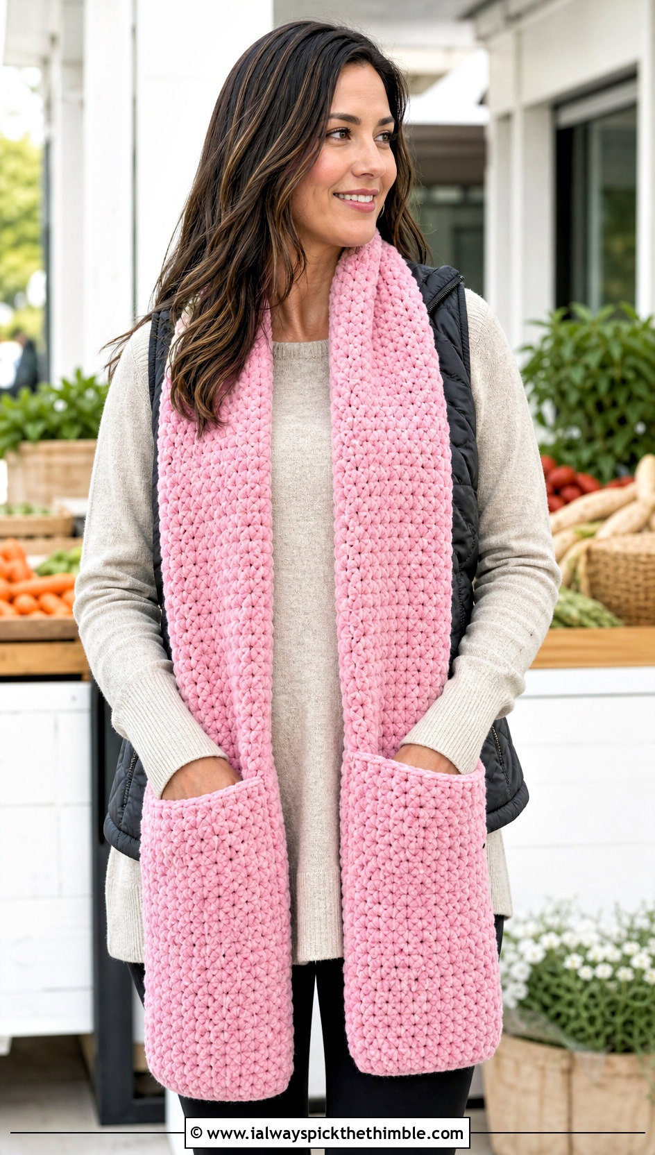 Pocket Velvet Crochet Scarf With Leggings - 20 Velvet Crochet Scarf outfit ideas