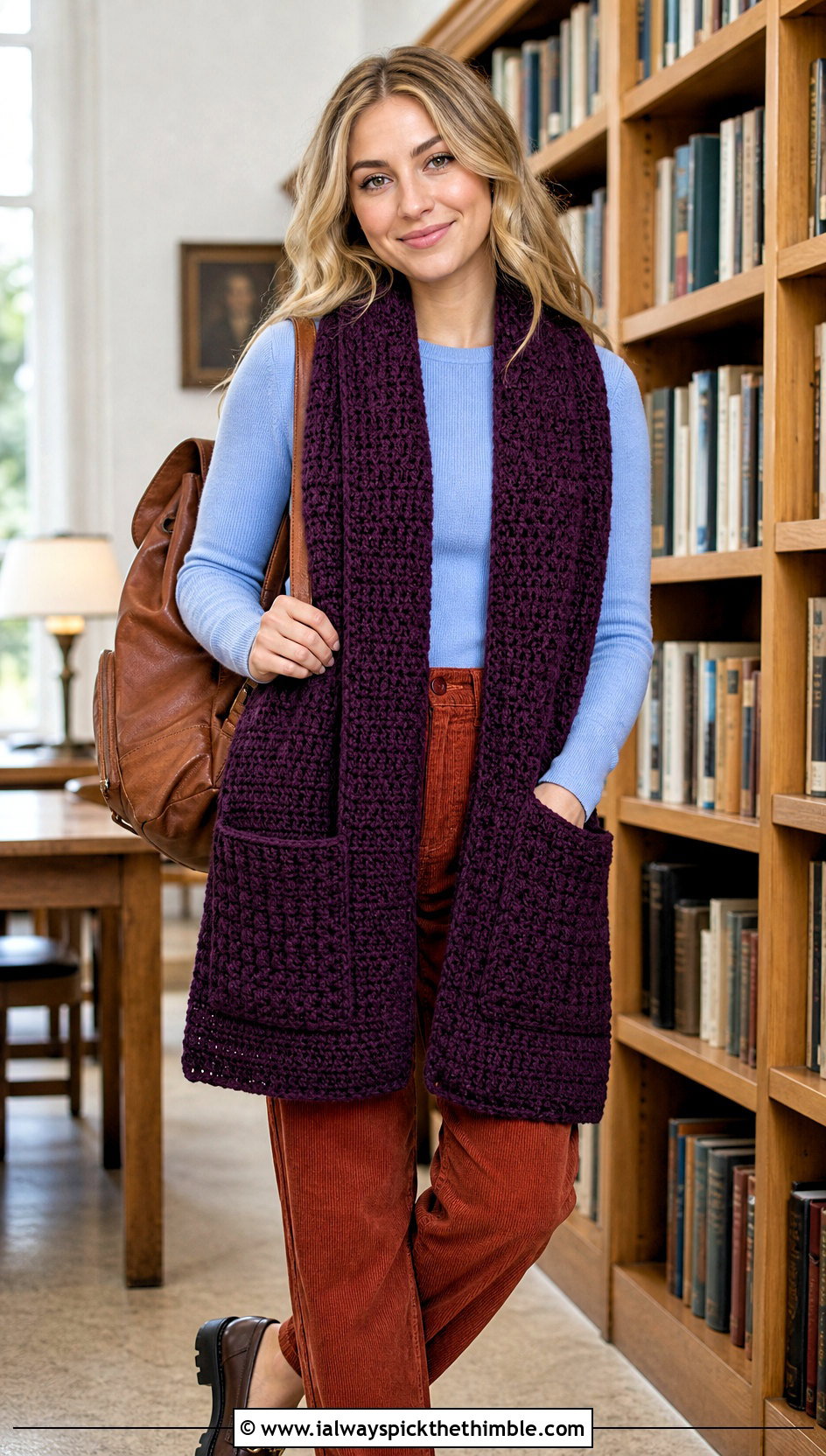 Pocket Waffle Crochet Scarf With Sweater And Corduroy Pants - 20 Waffle Crochet Scarf outfit ideas