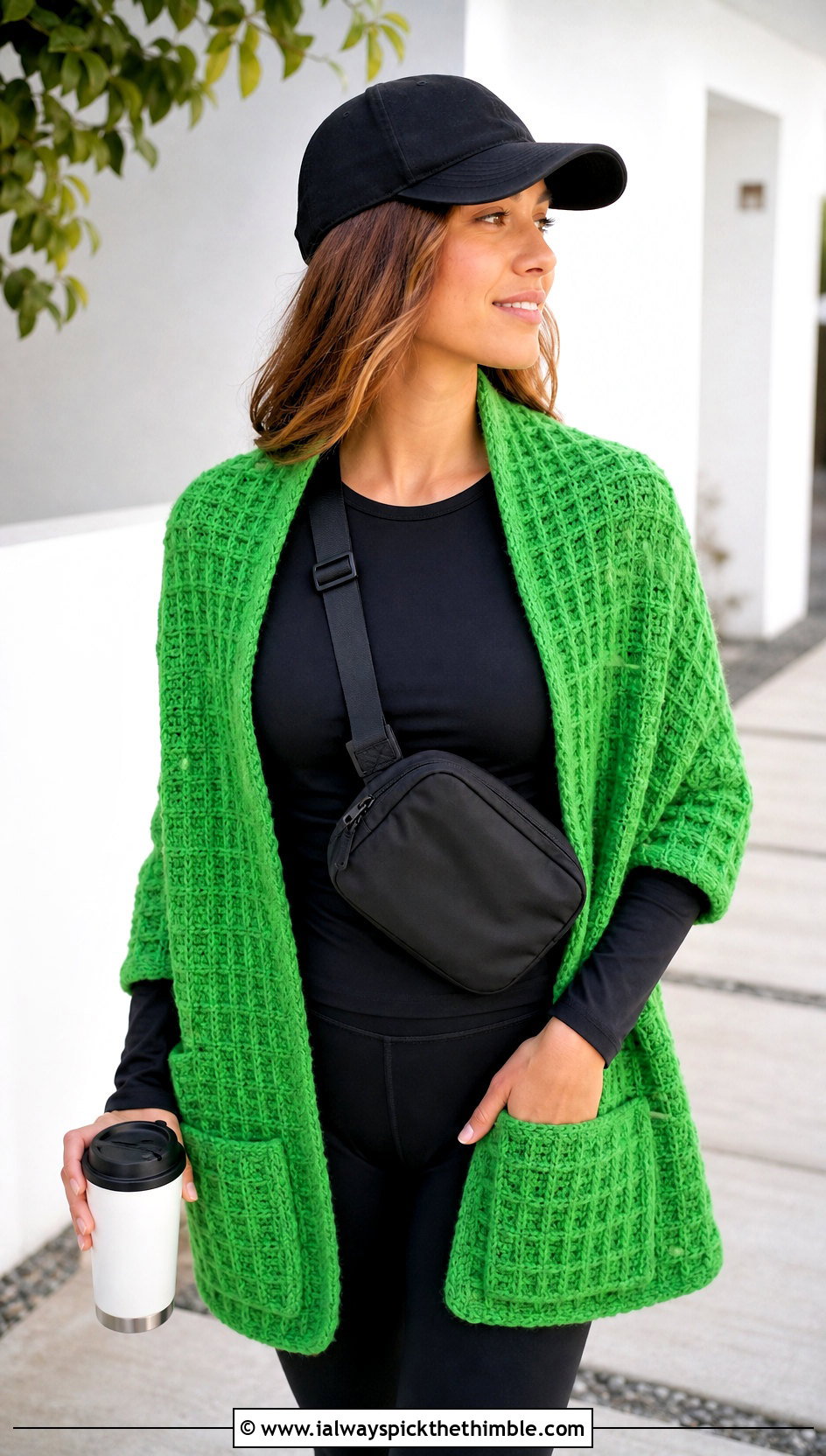 Pocket Waffle Crochet Shawl With Leggings - 15 Waffle Crochet Shawl outfit ideas