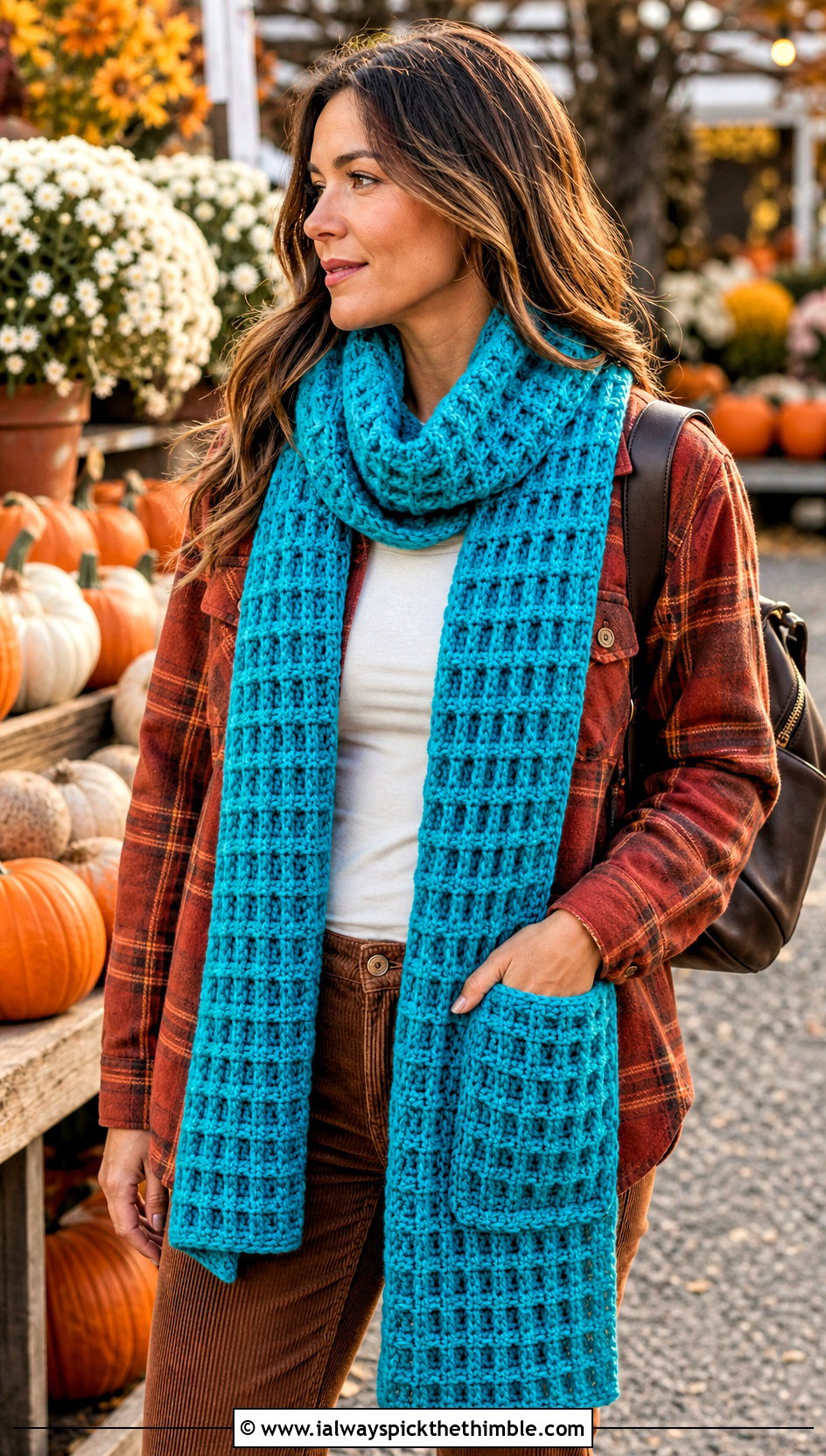 Pocket Waffle Stitch Crochet Scarf With Shacket And Corduroy Pants - 20 waffle stitch crochet scarf outfit ideas