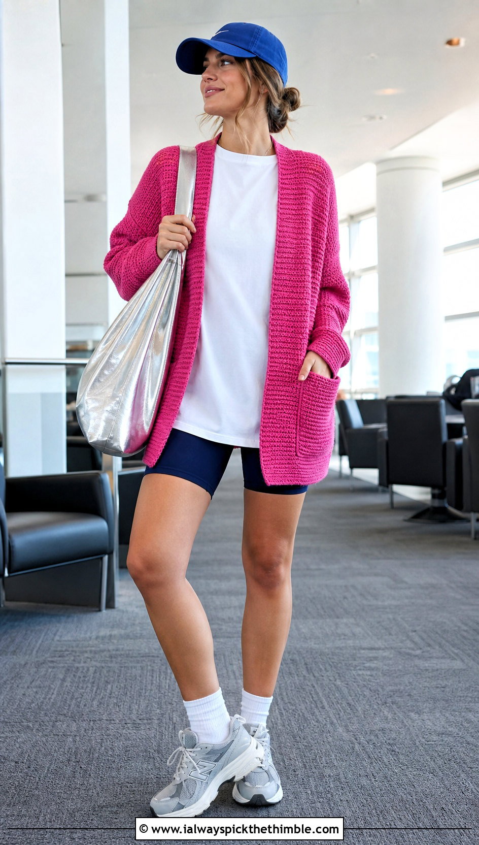 Pocketed Boyfriend Single Crochet Cardigan With Bike Shorts - 20 single crochet cardigan outfit ideas
