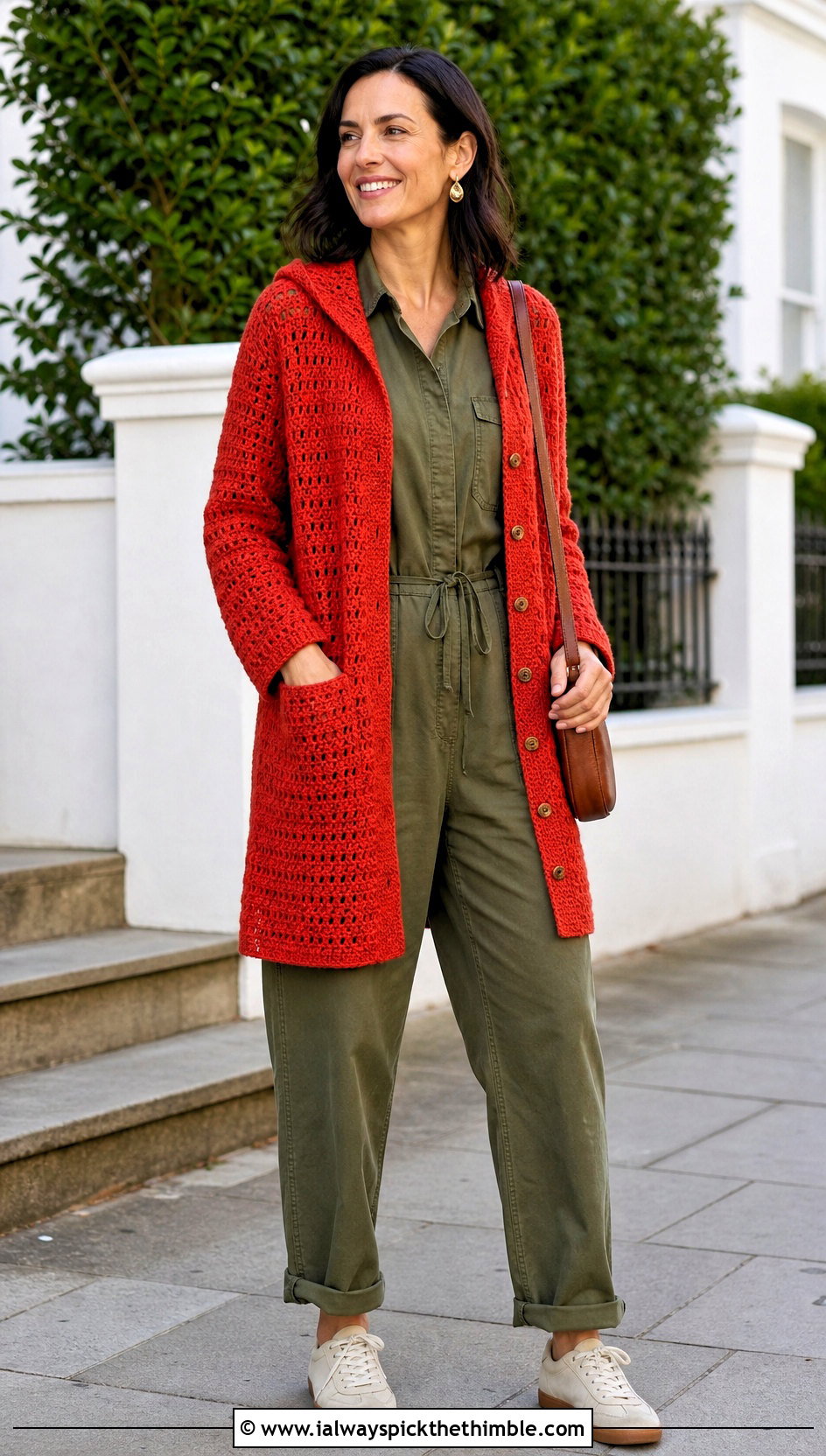 Pocketed Button Front Hooded Crochet Cardigan With Utility Jumpsuit - 20 crochet hoodie cardigan outfit ideas